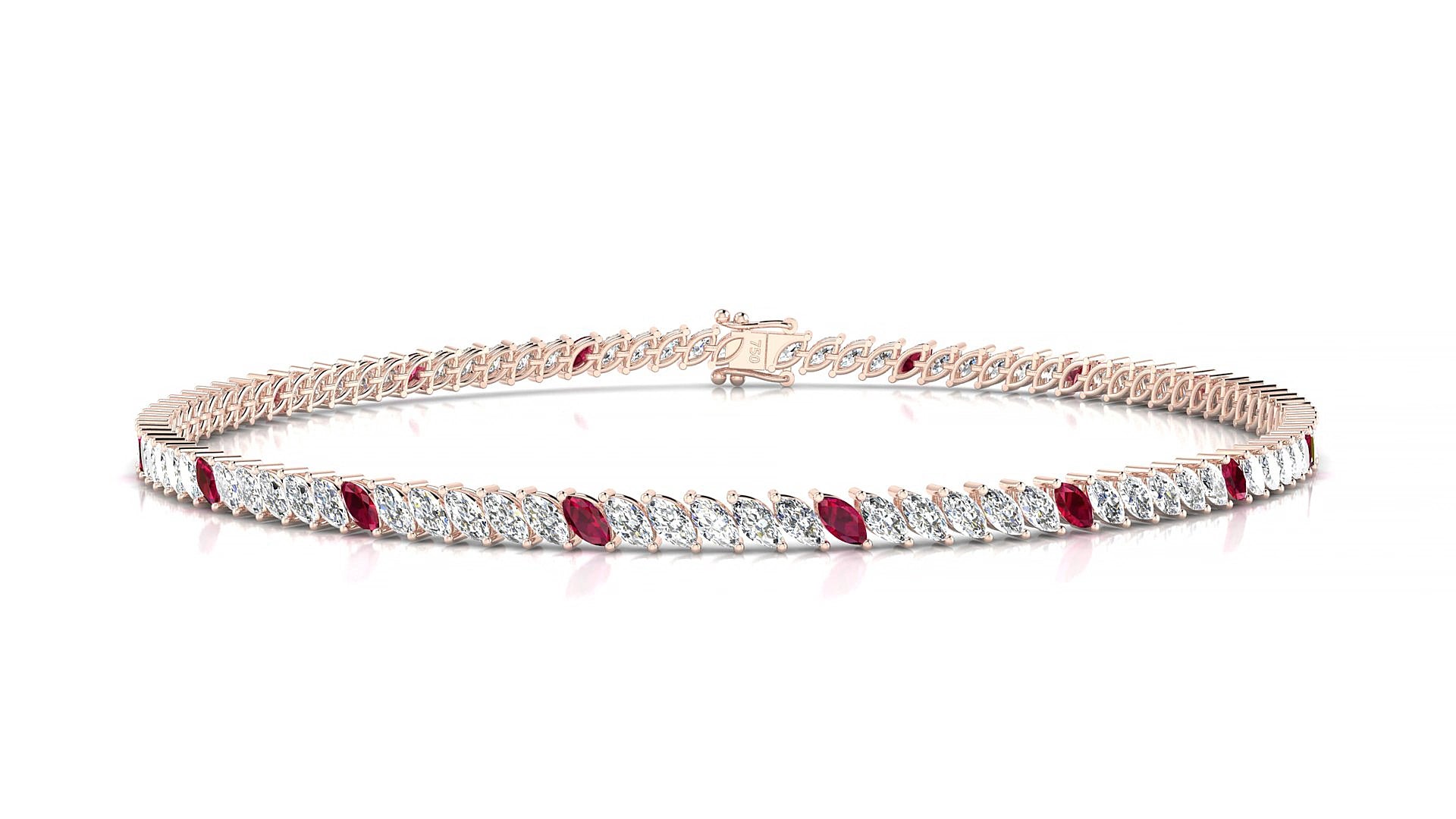 Venezia 1-5 | 18k Rose Gold 3 x 1.5 mm Marquise Natural Ruby & Diamond 19 cm Tennis Bracelet