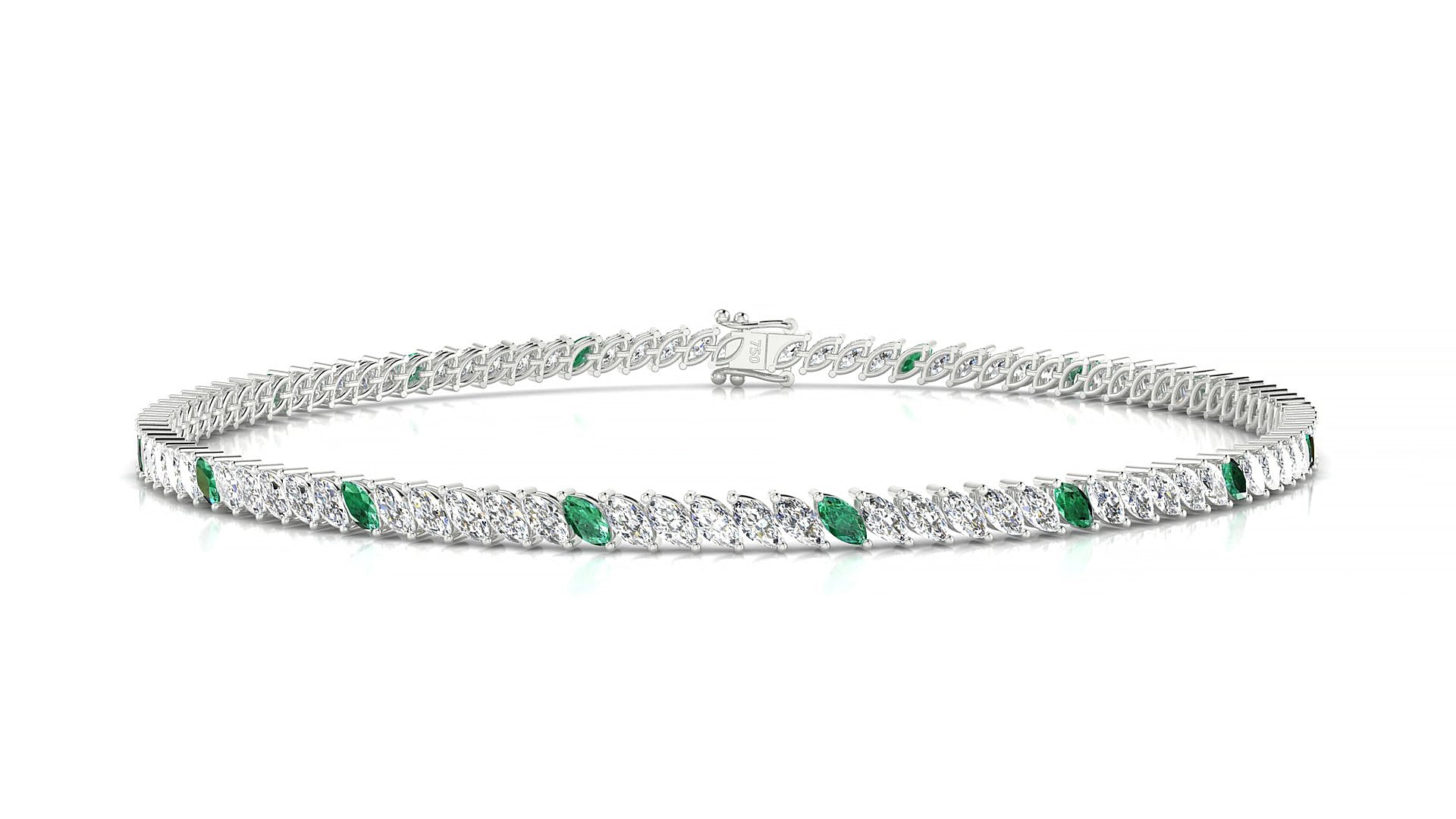 Venezia 1-5 | 18k White Gold 3 x 1.5 mm Marquise Natural Emerald & Diamond 15 cm Tennis Bracelet