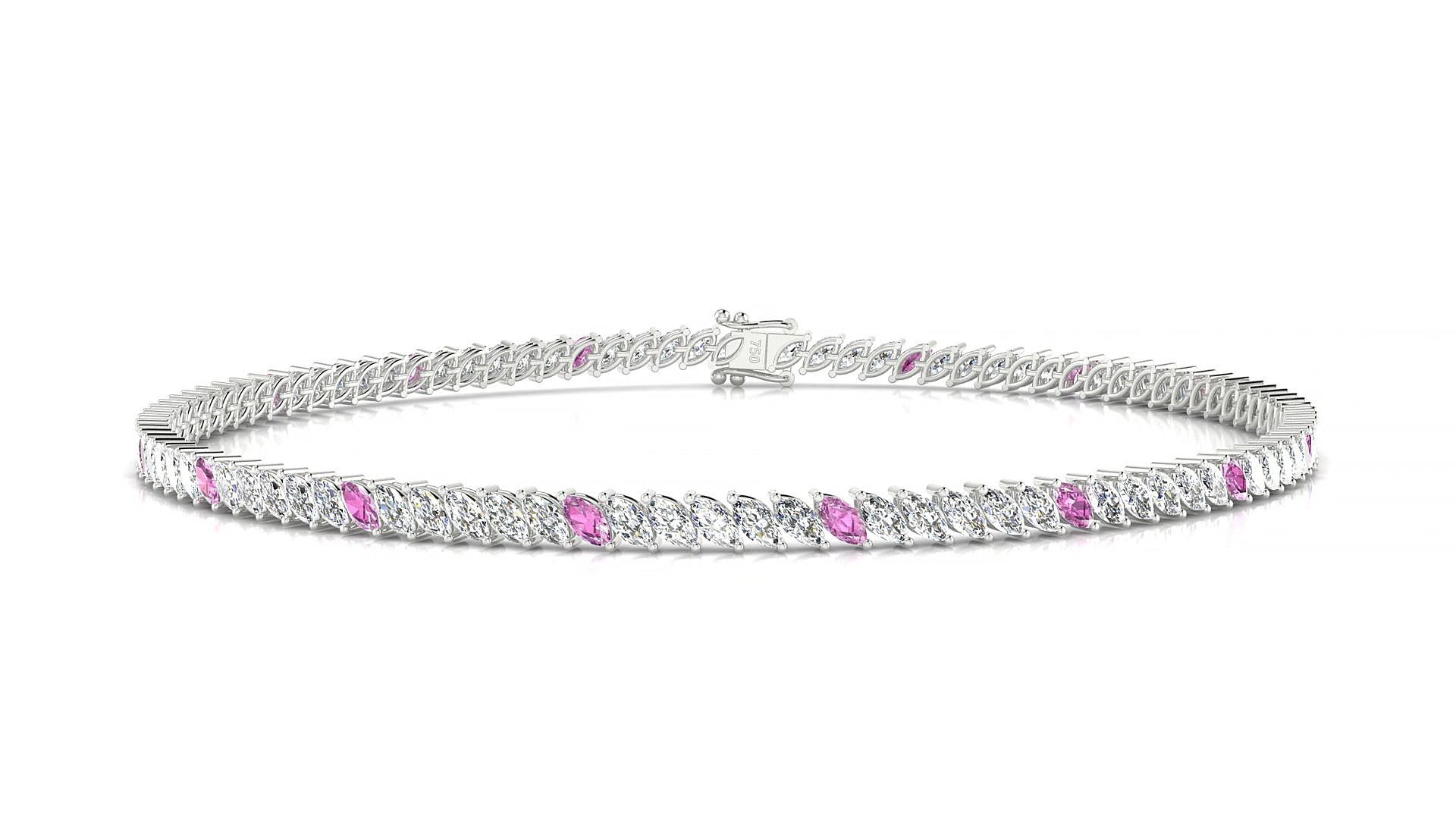 Venezia 1-5 | 18k White Gold 3 x 1.5 mm Marquise Natural Pink Sapphire & Diamond 17 cm Tennis Bracelet