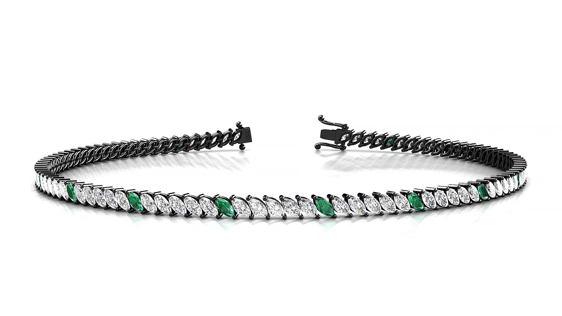 Venezia 1-5 | 18k Black Gold 3 x 1.5 mm Marquise Natural Emerald & Diamond 15 cm Tennis Bracelet