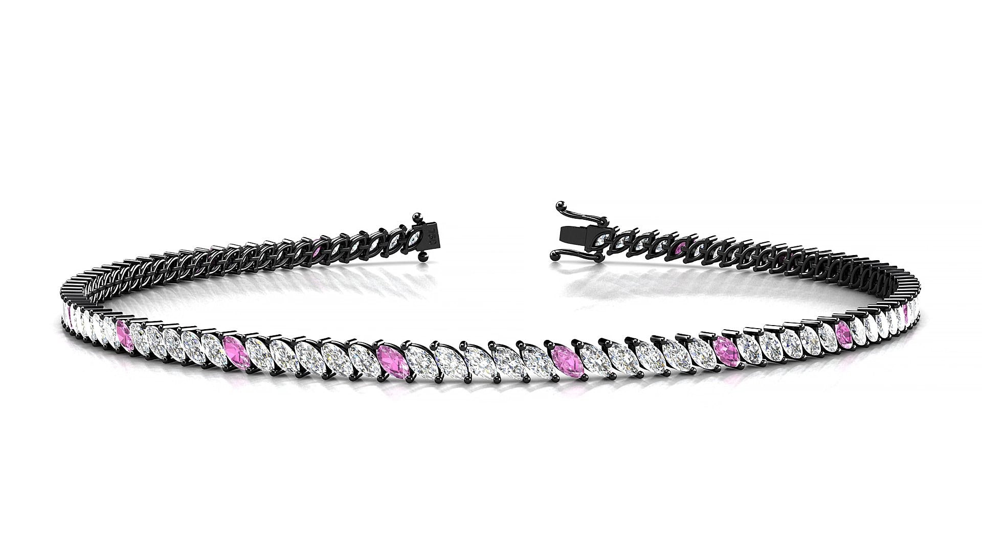 Venezia 1-5 | 18k Black Gold 3 x 1.5 mm Marquise Natural Pink Sapphire & Diamond 15 cm Tennis Bracelet