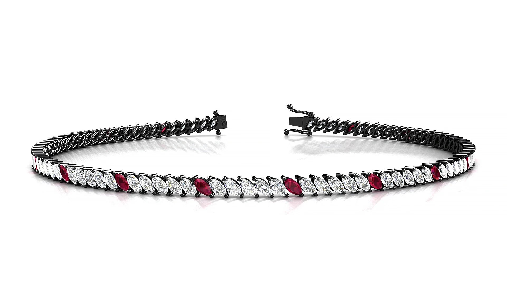 Venezia 1-5 | 18k Black Gold 3 x 1.5 mm Marquise Natural Ruby & Diamond 18 cm Tennis Bracelet