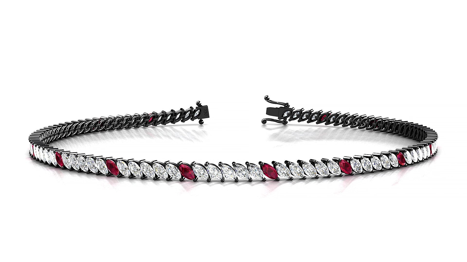 Venezia 1-5 | 18k Black Gold 3 x 1.5 mm Marquise Natural Ruby & Diamond 19 cm Tennis Bracelet
