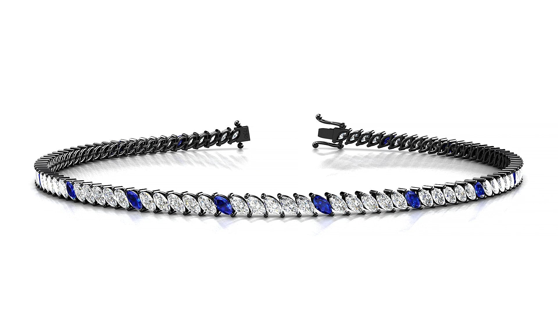 Venezia 1-5 | 18k Black Gold 3 x 1.5 mm Marquise Natural Sapphire & Diamond 17 cm Tennis Bracelet