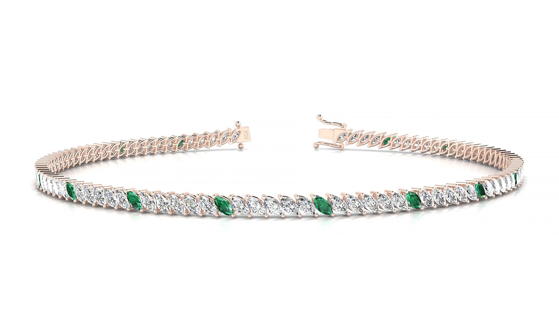 Venezia 1-5 | 18k Rose Gold 3 x 1.5 mm Marquise Natural Emerald & Diamond 20 cm Tennis Bracelet