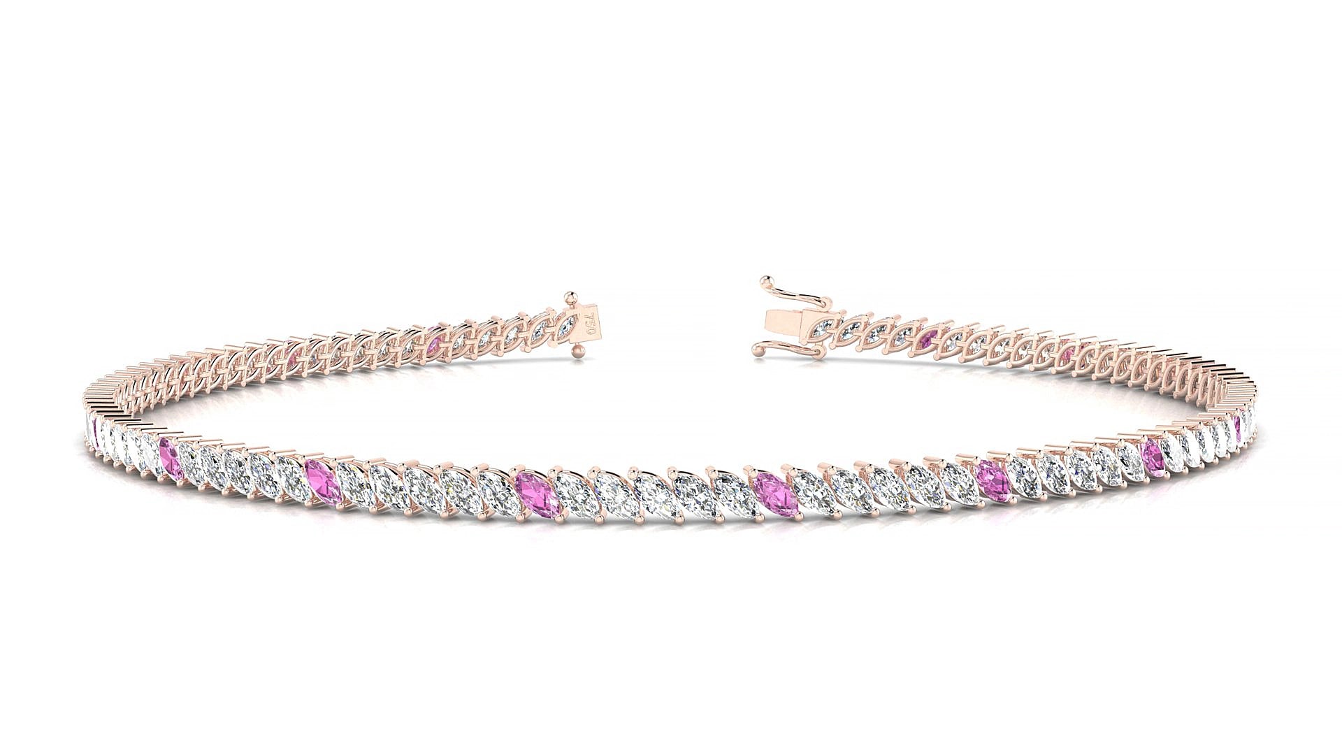 Venezia 1-5 | 18k Rose Gold 3 x 1.5 mm Marquise Natural Pink Sapphire & Diamond 17 cm Tennis Bracelet