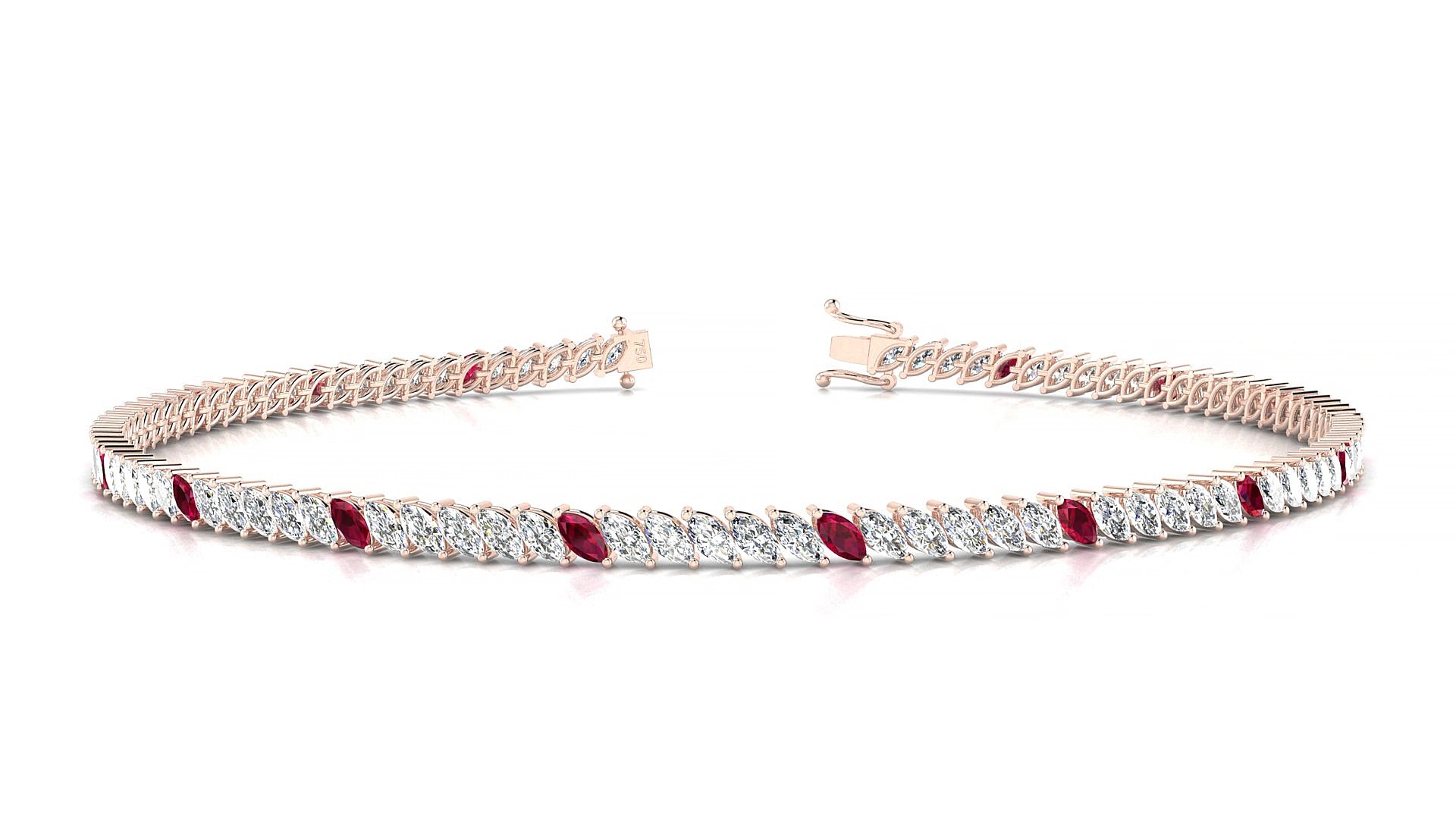 Venezia 1-5 | 18k Rose Gold 3 x 1.5 mm Marquise Natural Ruby & Diamond 17 cm Tennis Bracelet
