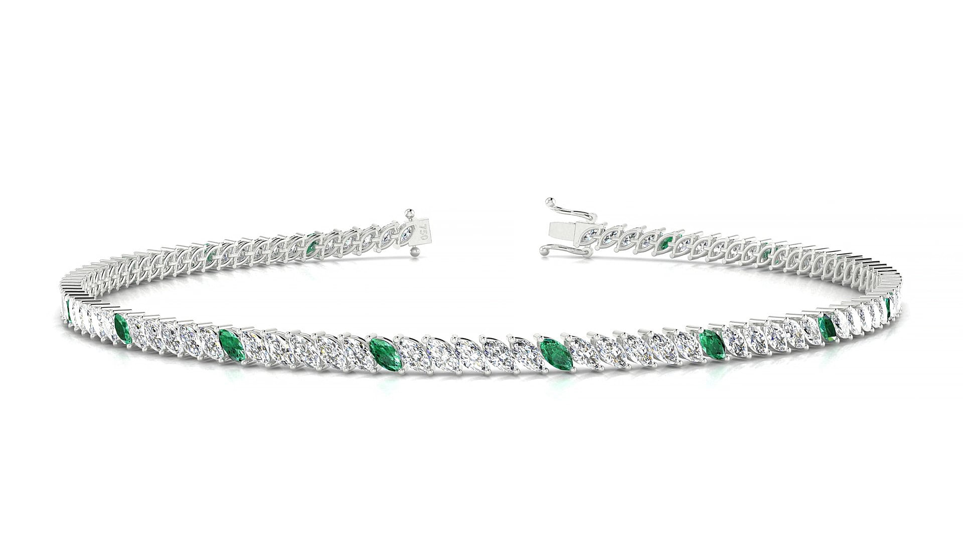 Venezia 1-5 | 18k White Gold 3 x 1.5 mm Marquise Natural Emerald & Diamond 15 cm Tennis Bracelet