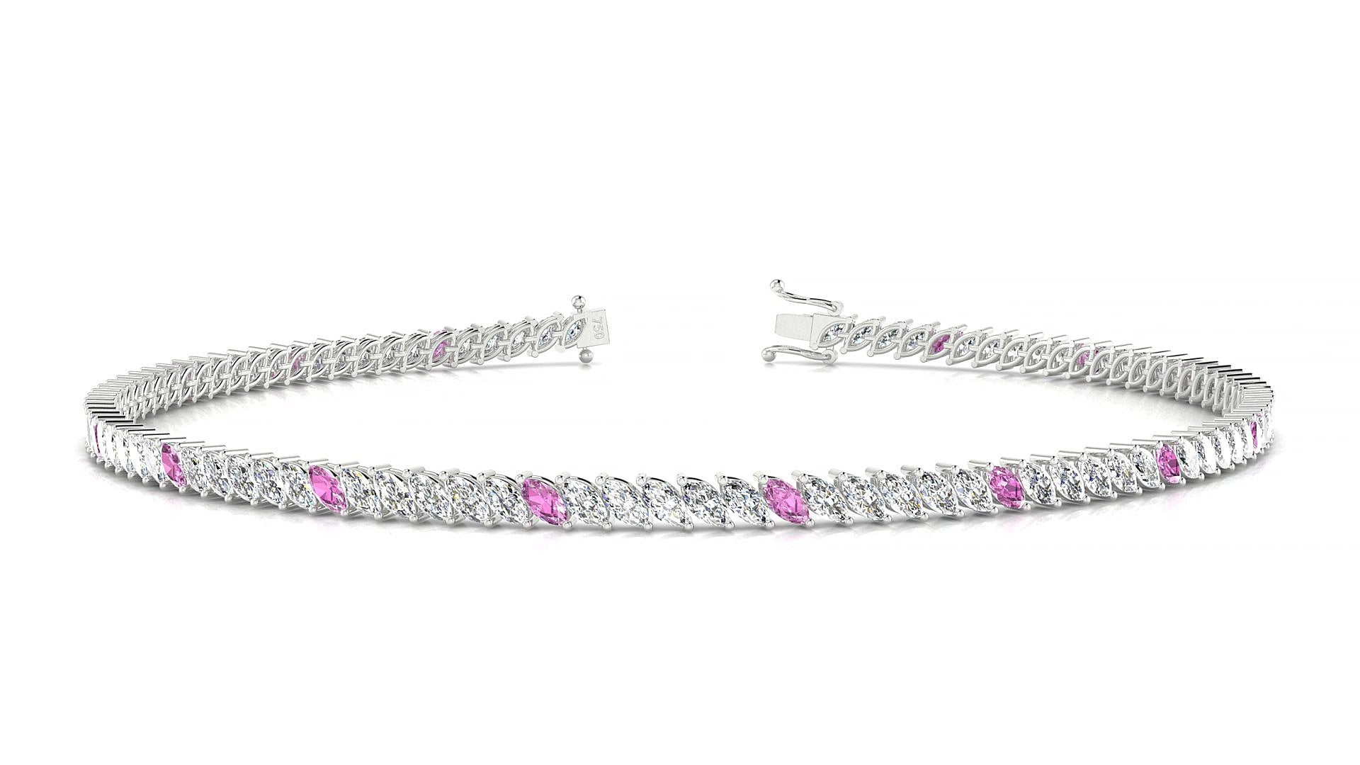 Venezia 1-5 | 18k White Gold 3 x 1.5 mm Marquise Natural Pink Sapphire & Diamond 15 cm Tennis Bracelet