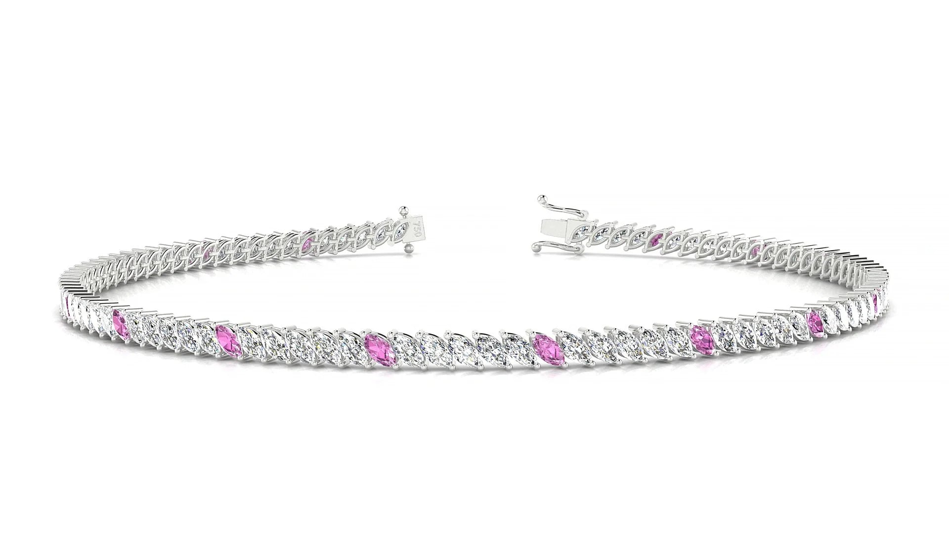 Venezia 1-5 | 18k White Gold 3 x 1.5 mm Marquise Natural Pink Sapphire & Diamond 18 cm Tennis Bracelet