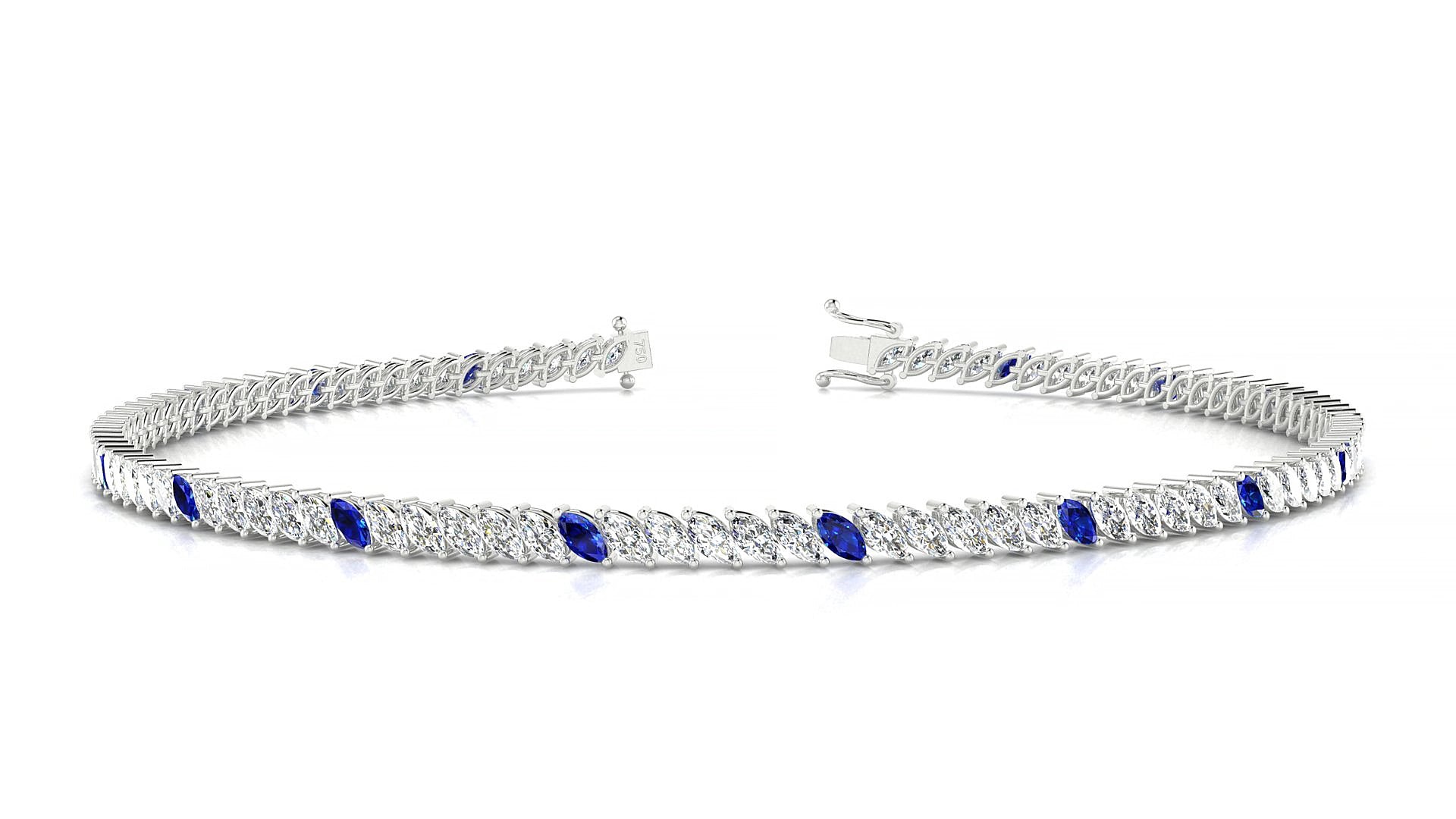 Venezia 1-5 | 18k White Gold 3 x 1.5 mm Marquise Natural Sapphire & Diamond 17 cm Tennis Bracelet