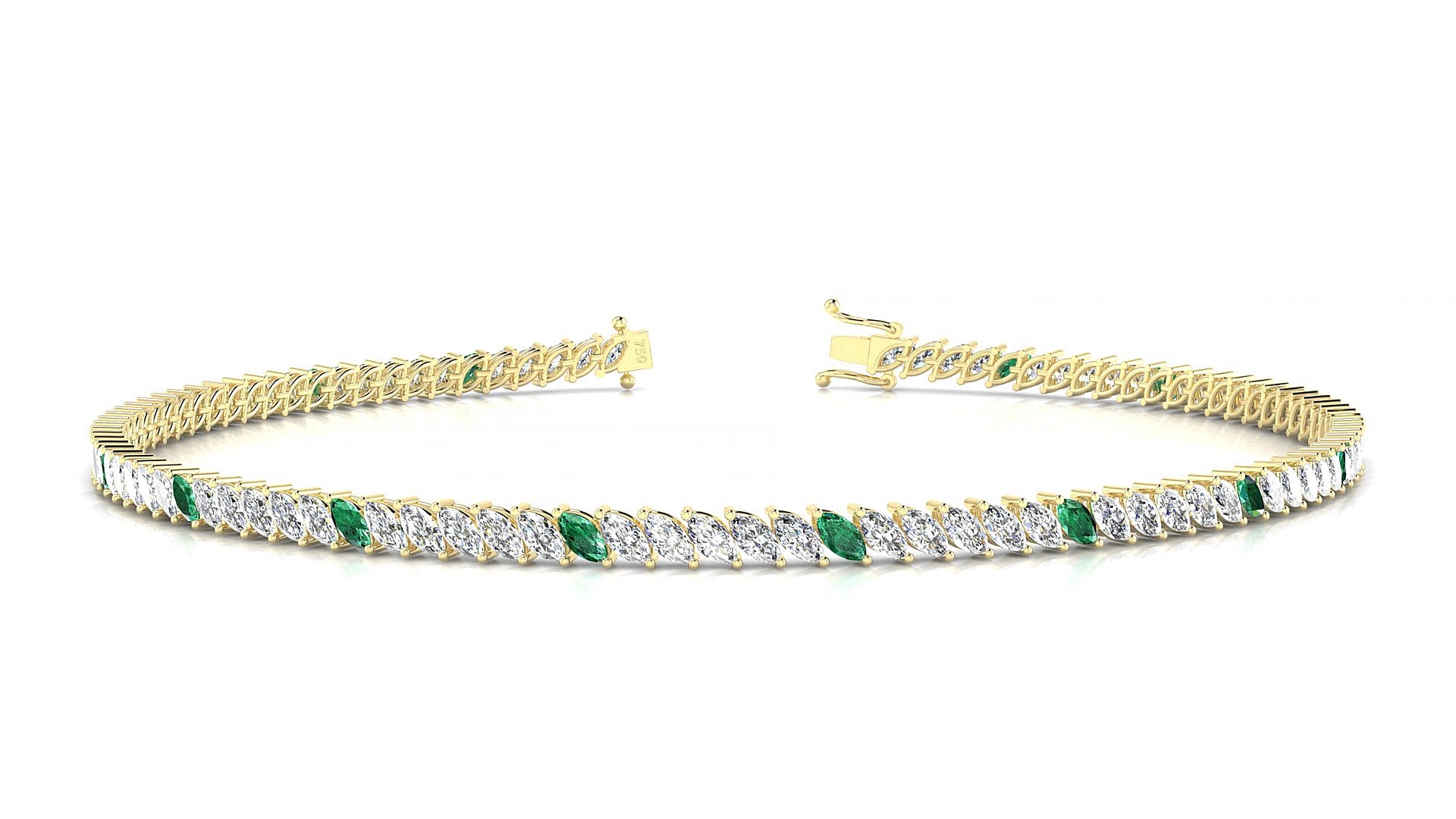 Venezia 1-5 | 18k Yellow Gold 3 x 1.5 mm Marquise Natural Emerald & Diamond 15 cm Tennis Bracelet