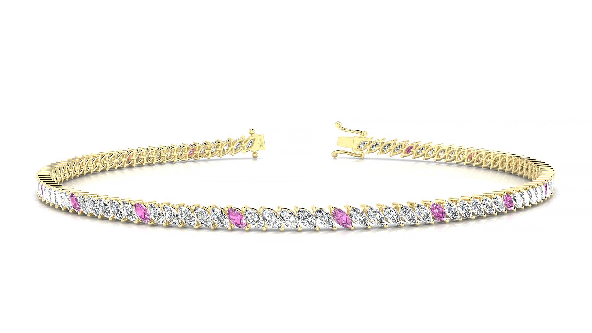 Venezia 1-5 | 18k Yellow Gold 3 x 1.5 mm Marquise Natural Pink Sapphire & Diamond 15 cm Tennis Bracelet