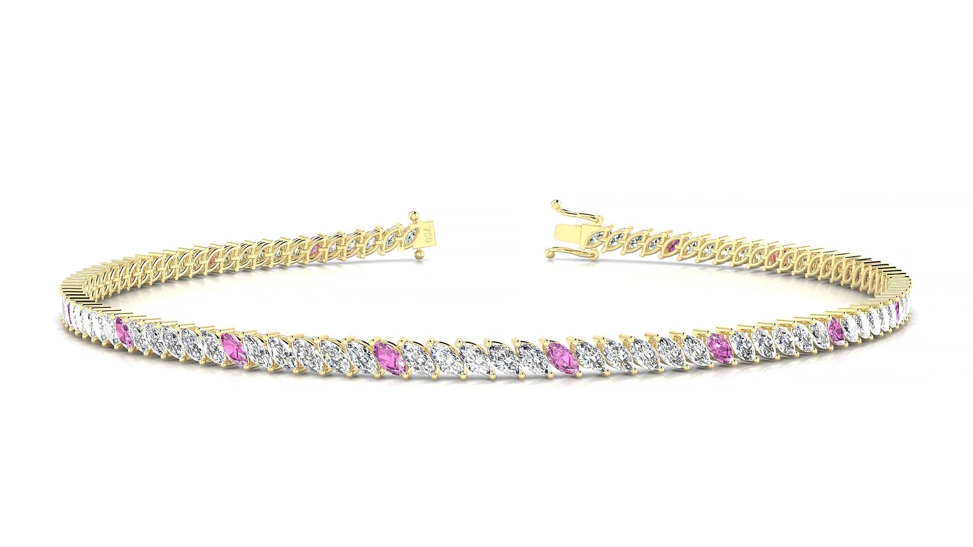 Venezia 1-5 | 18k Yellow Gold 3 x 1.5 mm Marquise Natural Pink Sapphire & Diamond 18 cm Tennis Bracelet