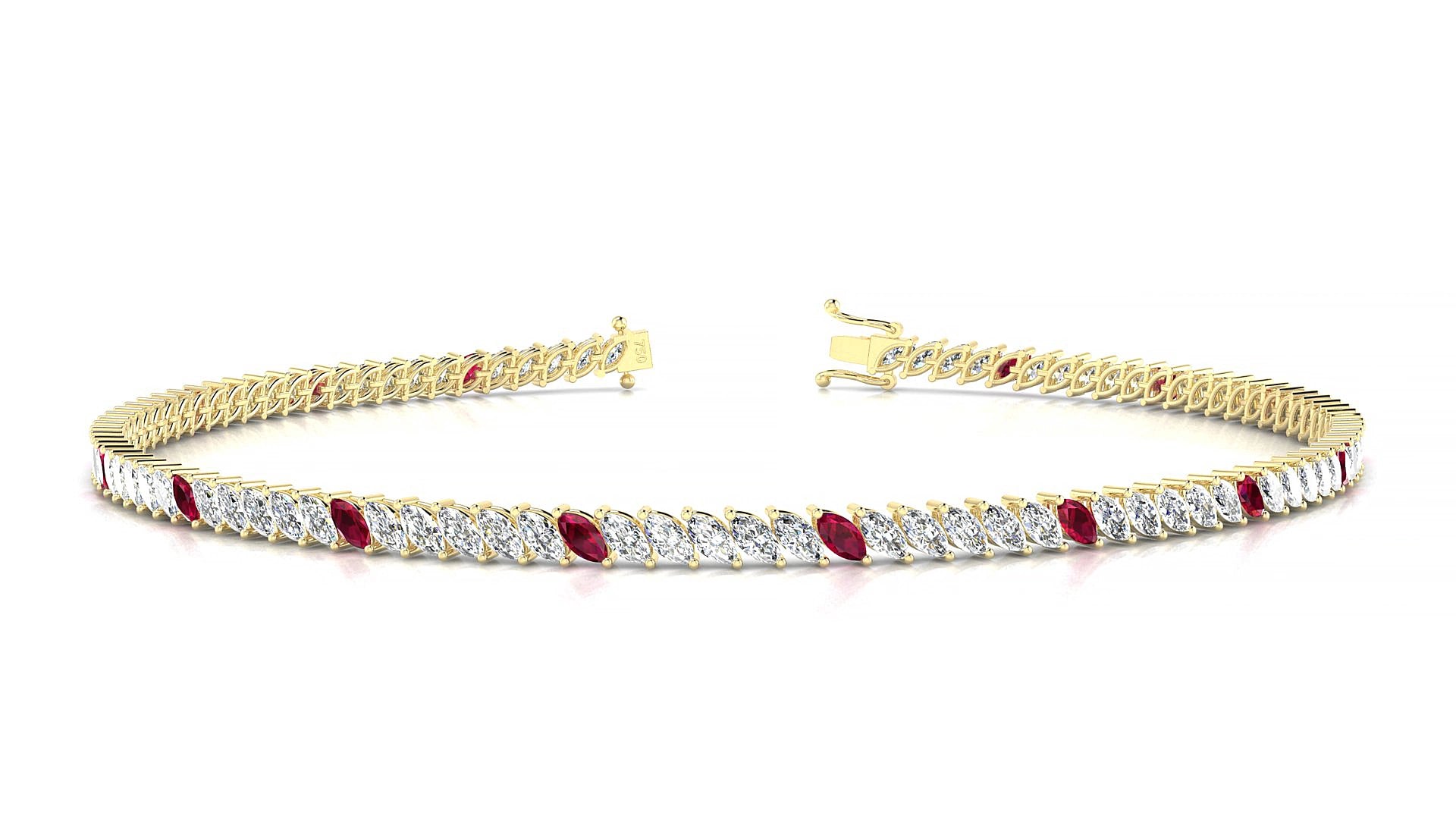 Venezia 1-5 | 18k Yellow Gold 3 x 1.5 mm Marquise Natural Ruby & Diamond 15 cm Tennis Bracelet