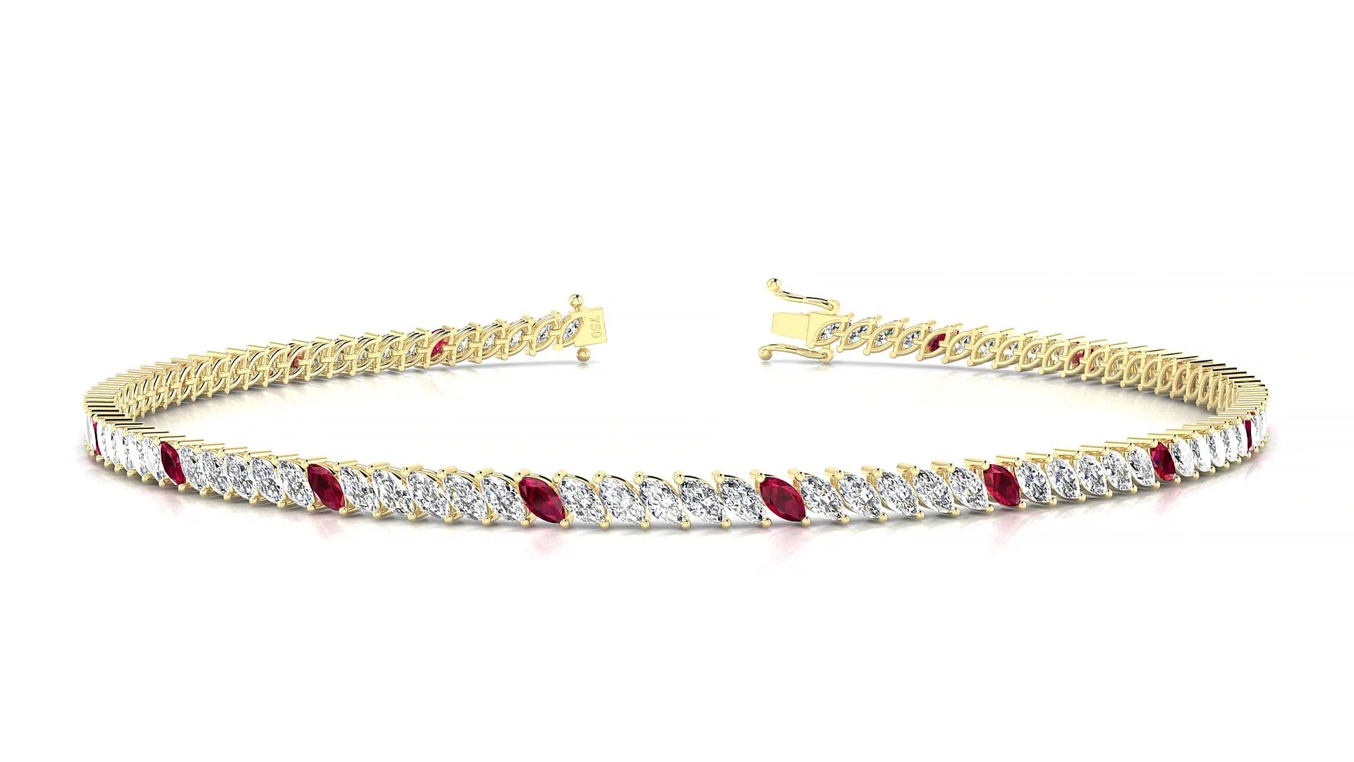 Venezia 1-5 | 18k Yellow Gold 3 x 1.5 mm Marquise Natural Ruby & Diamond 18 cm Tennis Bracelet