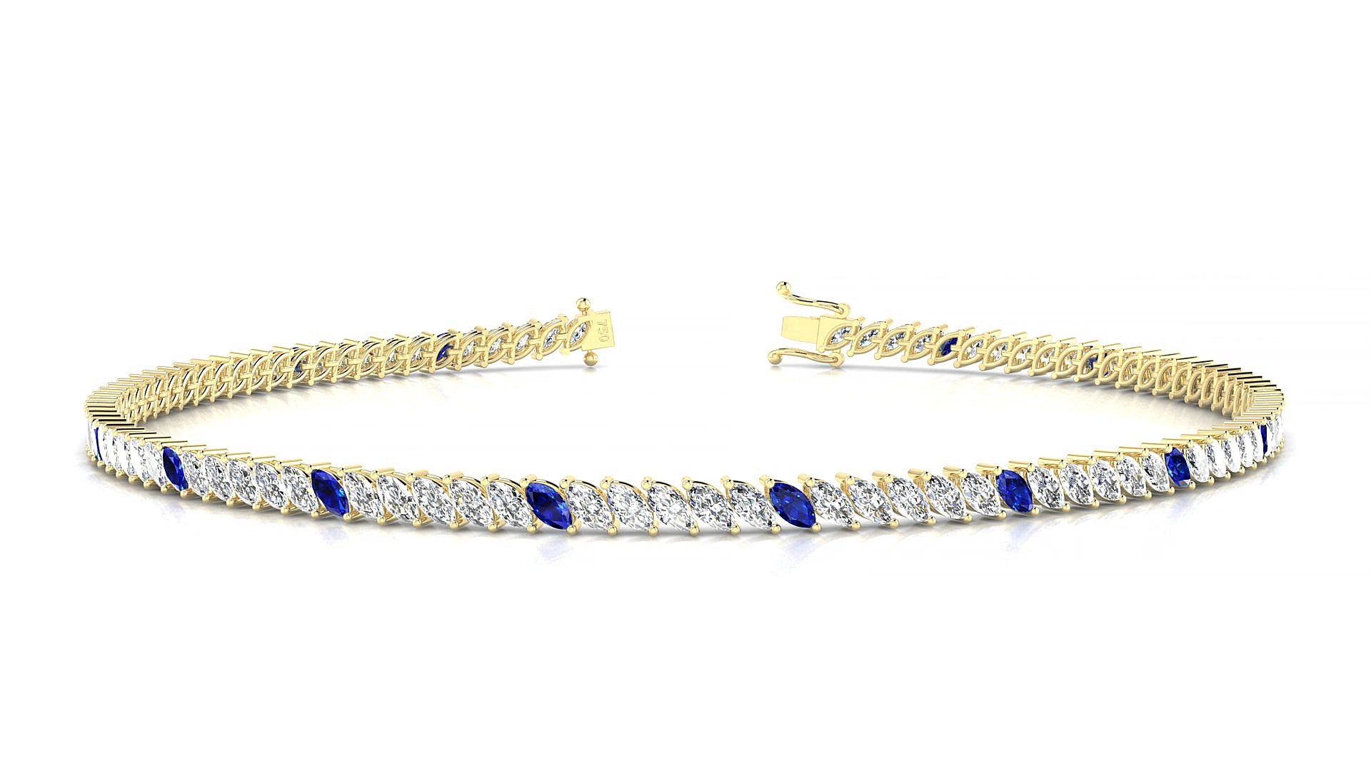Venezia 1-5 | 18k Yellow Gold 3 x 1.5 mm Marquise Natural Sapphire & Diamond 18 cm Tennis Bracelet