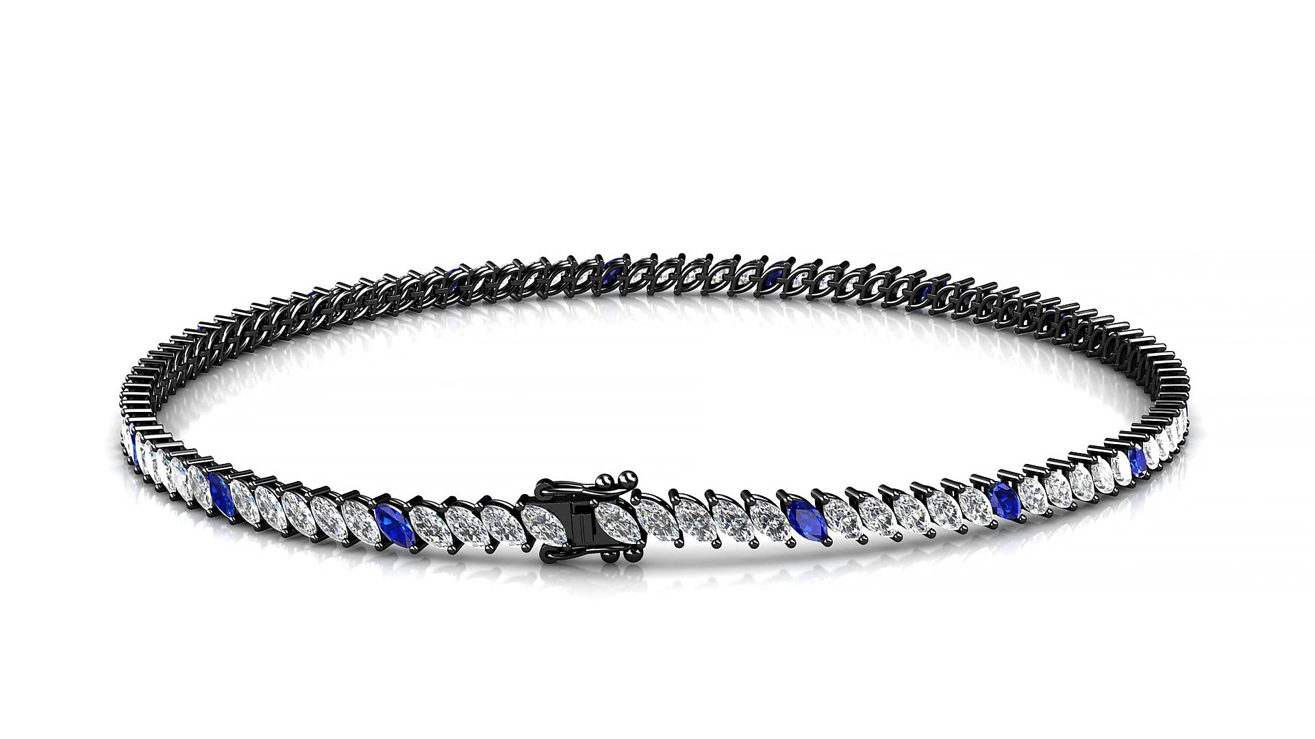 Venezia 1-5 | 18k Black Gold 3 x 1.5 mm Marquise Natural Sapphire & Diamond 15 cm Tennis Bracelet