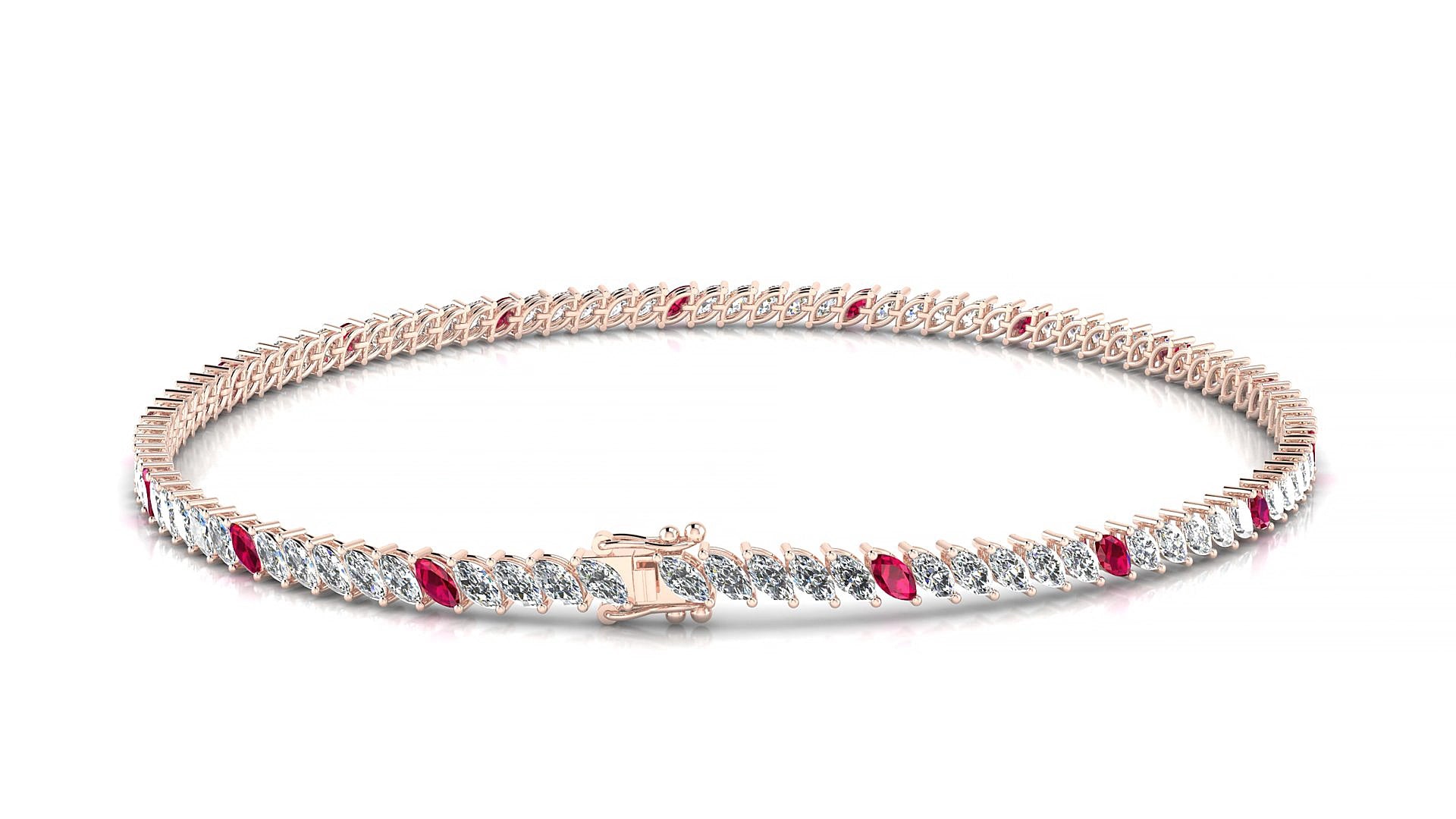 Venezia 1-5 | 18k Rose Gold 3 x 1.5 mm Marquise Natural Ruby & Diamond 15 cm Tennis Bracelet