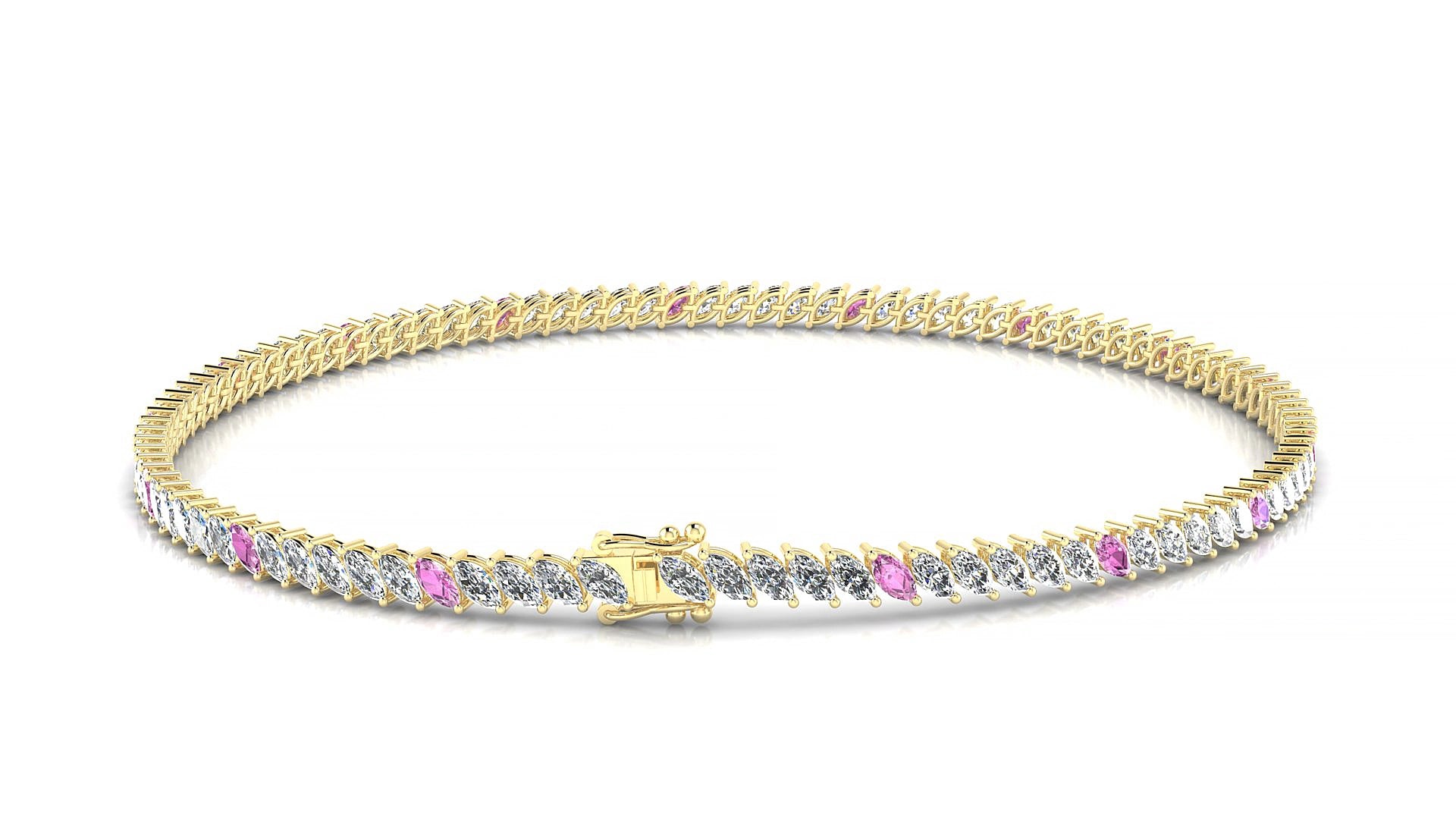 Venezia 1-5 | 18k Yellow Gold 3 x 1.5 mm Marquise Natural Pink Sapphire & Diamond 18 cm Tennis Bracelet