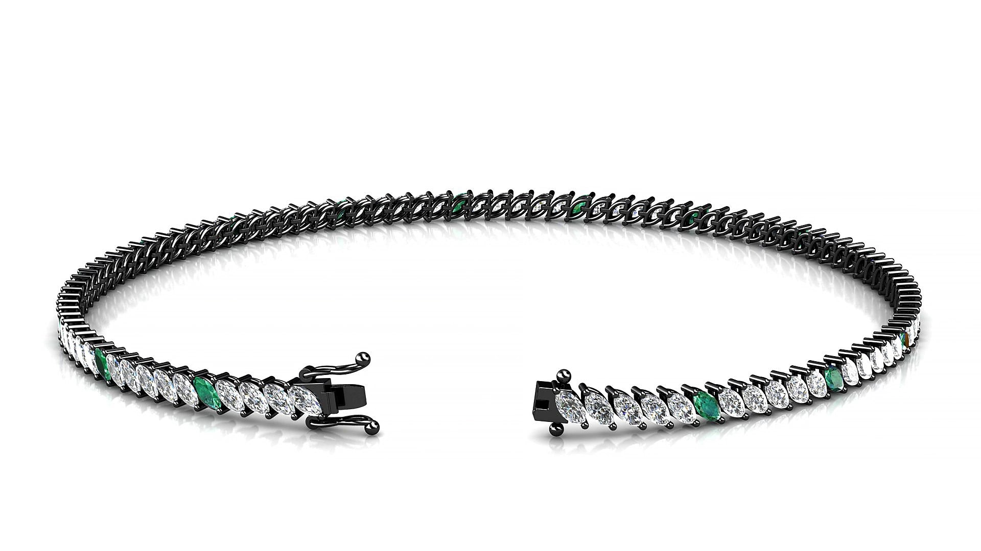Venezia 1-5 | 18k Black Gold 3 x 1.5 mm Marquise Natural Emerald & Diamond 15 cm Tennis Bracelet