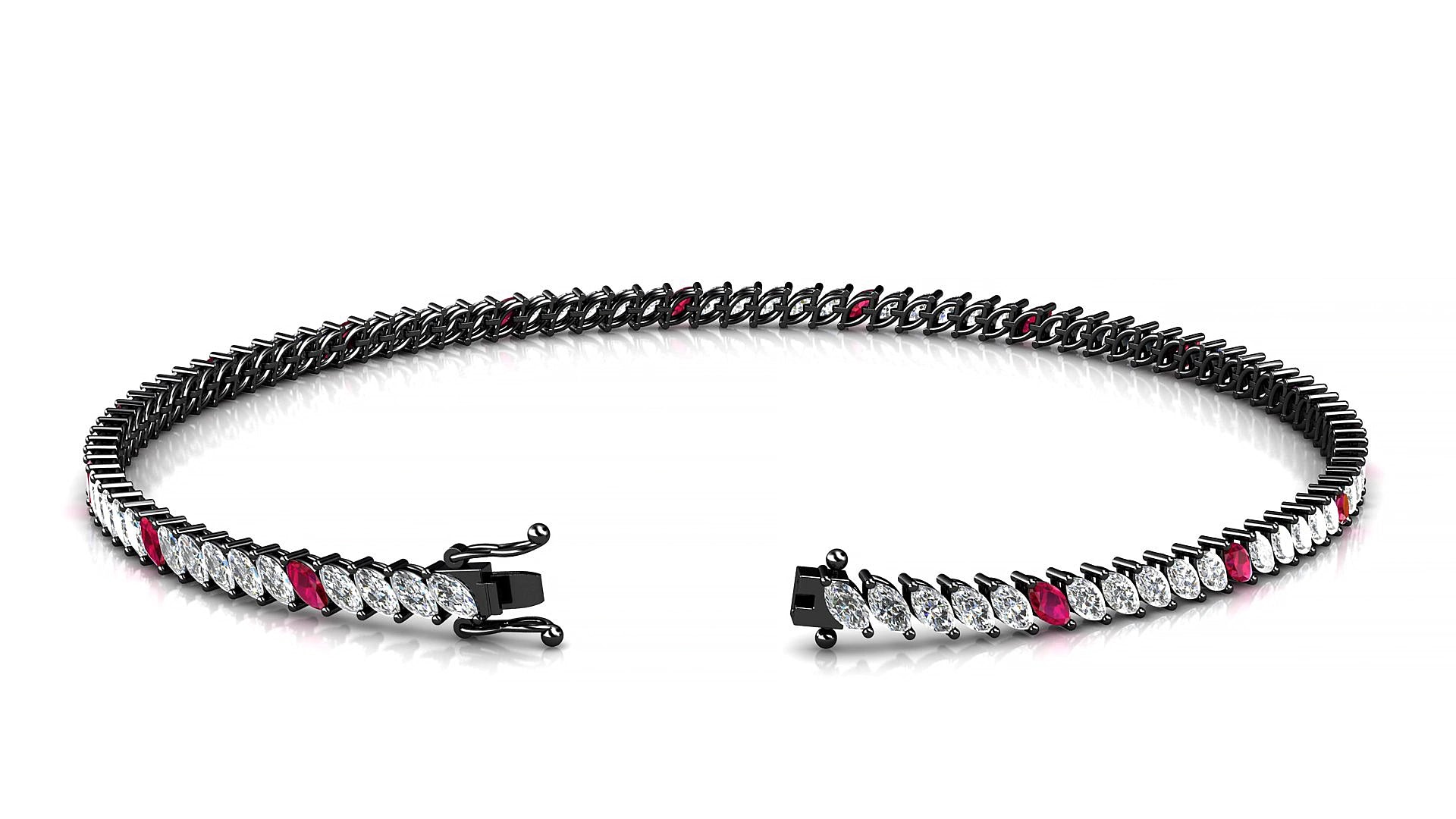 Venezia 1-5 | 18k Black Gold 3 x 1.5 mm Marquise Natural Ruby & Diamond 15 cm Tennis Bracelet
