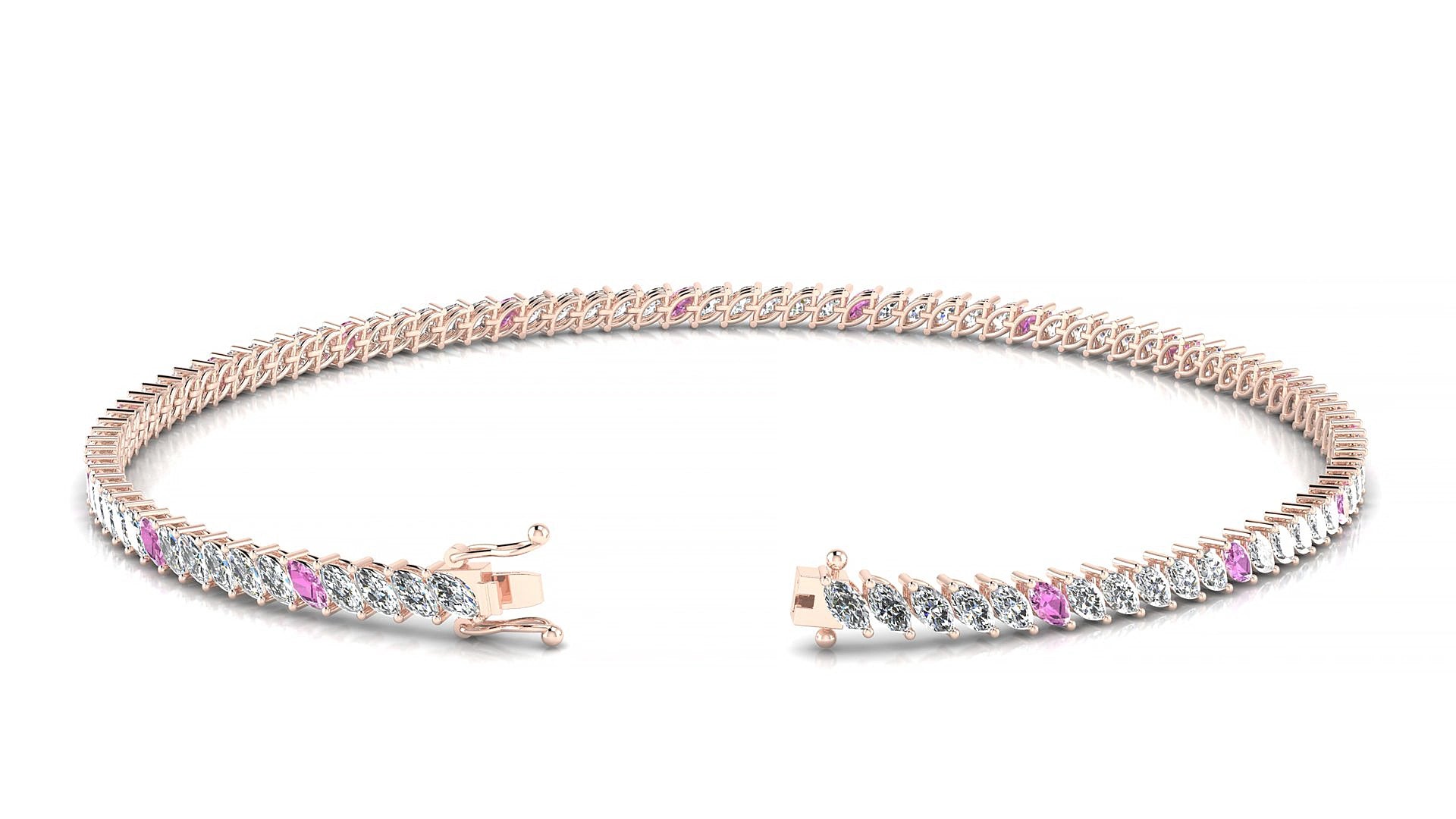 Venezia 1-5 | 18k Rose Gold 3 x 1.5 mm Marquise Natural Pink Sapphire & Diamond 15 cm Tennis Bracelet