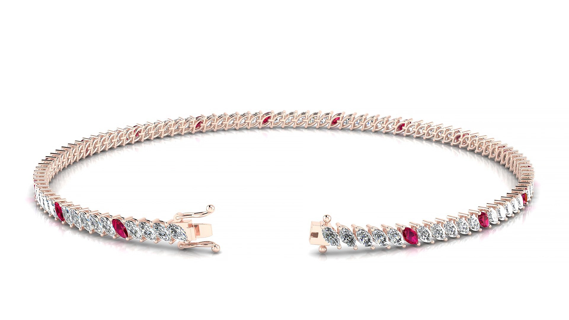 Venezia 1-5 | 18k Rose Gold 3 x 1.5 mm Marquise Natural Ruby & Diamond 15 cm Tennis Bracelet