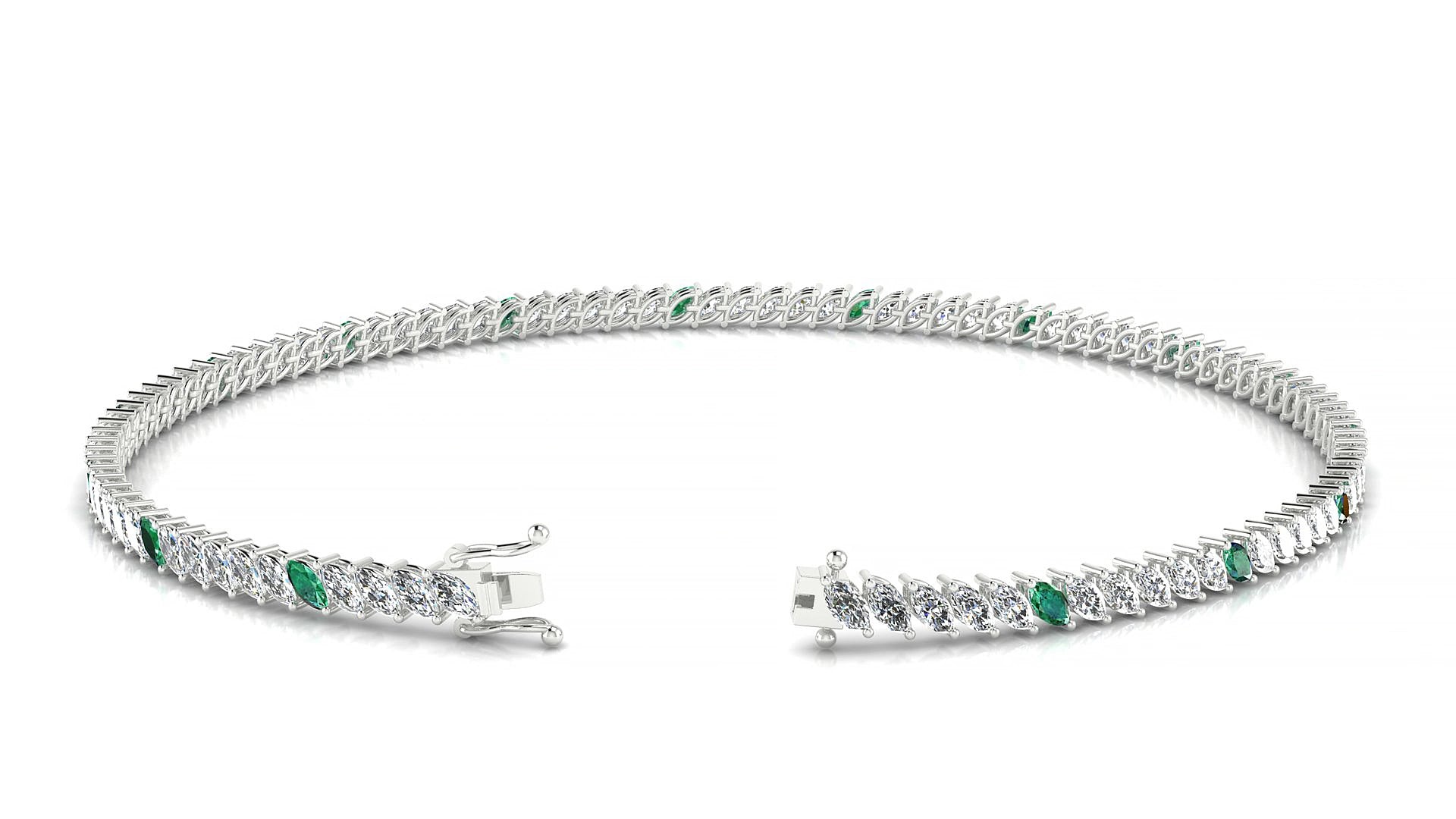 Venezia 1-5 | 18k White Gold 3 x 1.5 mm Marquise Natural Emerald & Diamond 15 cm Tennis Bracelet