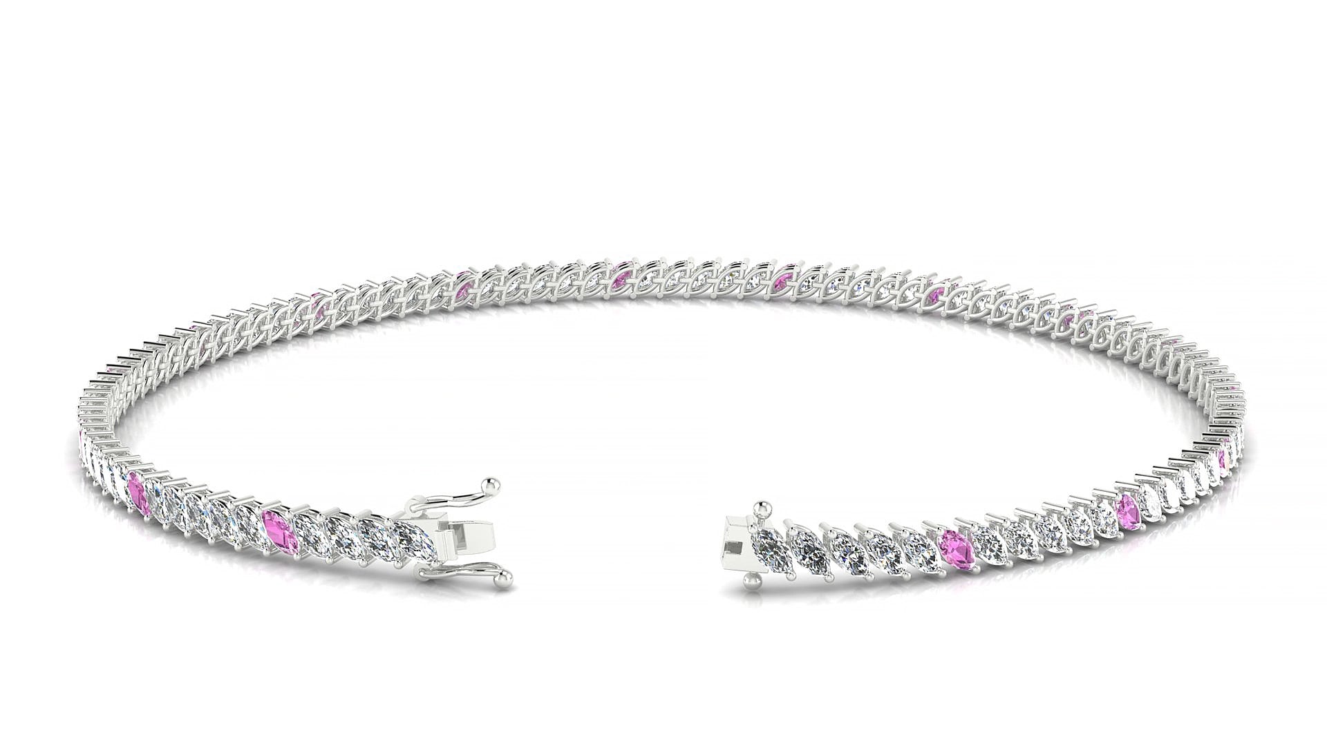 Venezia 1-5 | 18k White Gold 3 x 1.5 mm Marquise Natural Pink Sapphire & Diamond 15 cm Tennis Bracelet