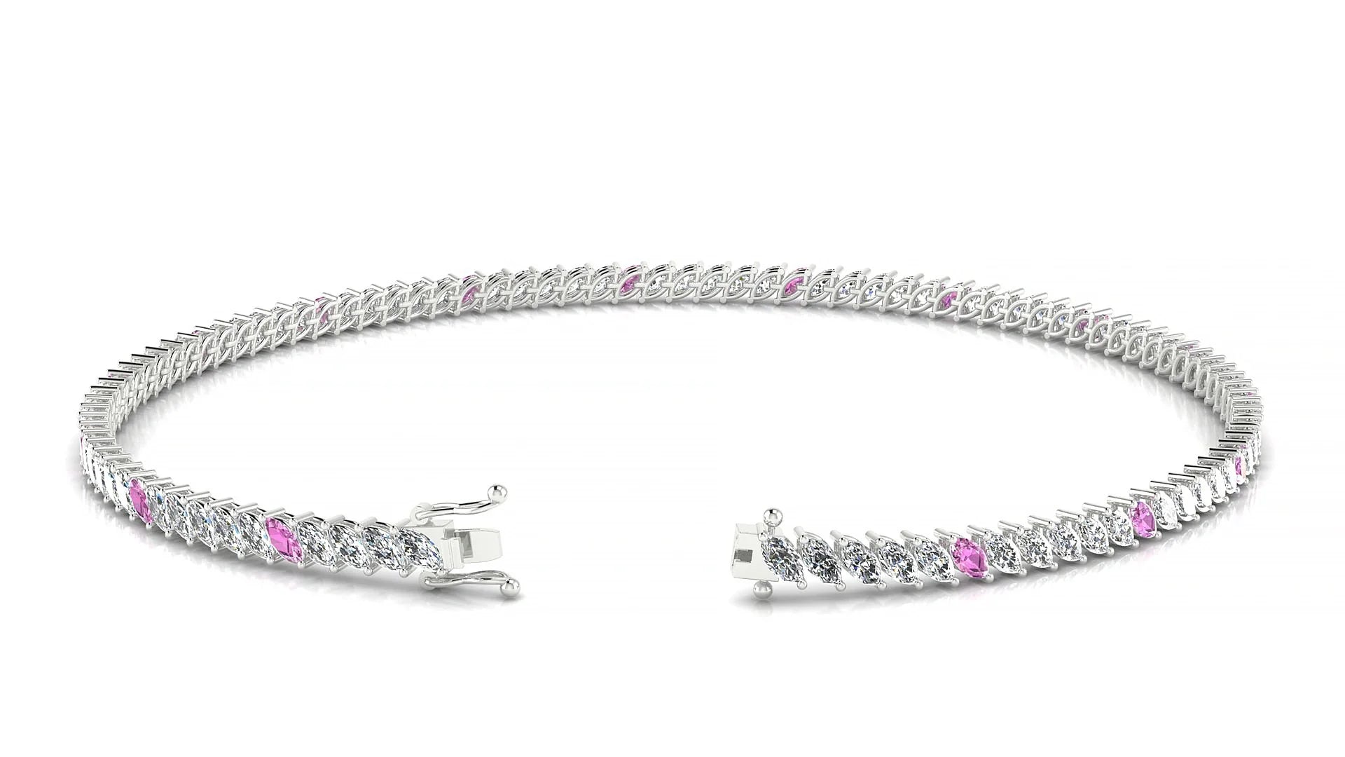 Venezia 1-5 | 18k White Gold 3 x 1.5 mm Marquise Natural Pink Sapphire & Diamond 18 cm Tennis Bracelet