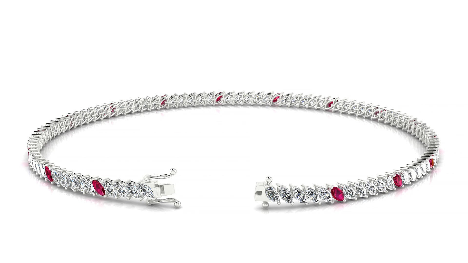 Venezia 1-5 | 18k White Gold 3 x 1.5 mm Marquise Natural Ruby & Diamond 15 cm Tennis Bracelet