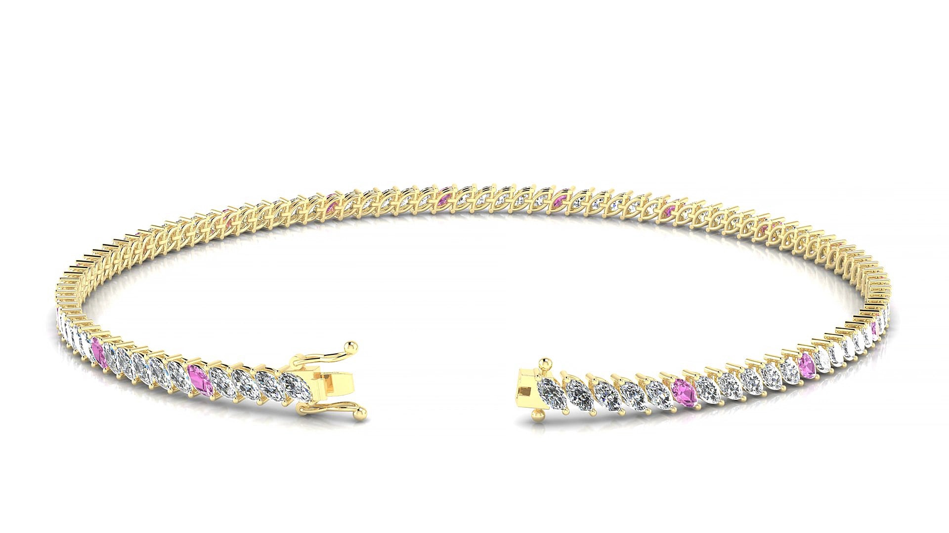 Venezia 1-5 | 18k Yellow Gold 3 x 1.5 mm Marquise Natural Pink Sapphire & Diamond 15 cm Tennis Bracelet