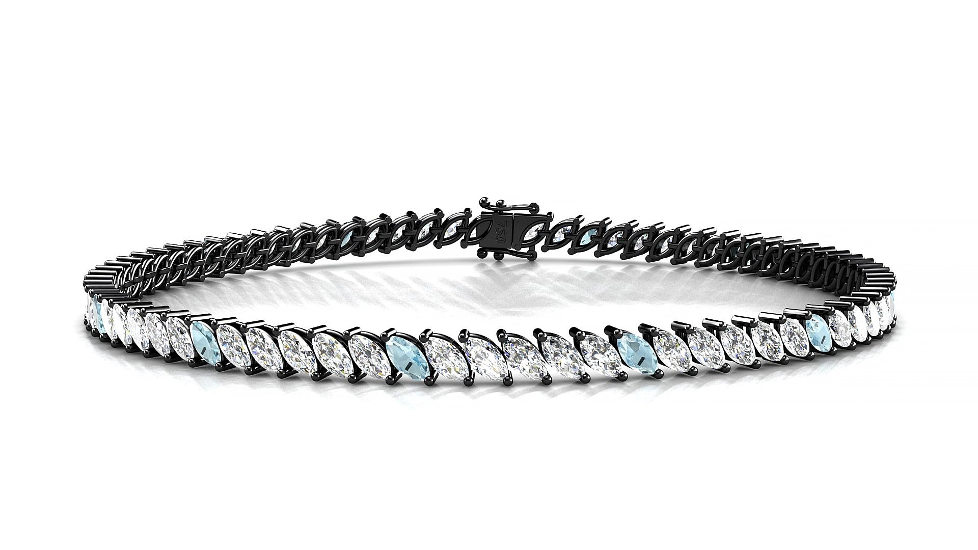 Venezia 1-5 | 18k Black Gold 4 x 2 mm Marquise Natural Aquamarine & Diamond 18 cm Tennis Bracelet