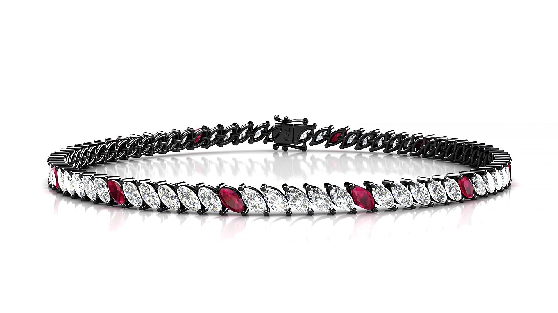 Venezia 1-5 | 18k Black Gold 4 x 2 mm Marquise Natural Ruby & Diamond 15 cm Tennis Bracelet