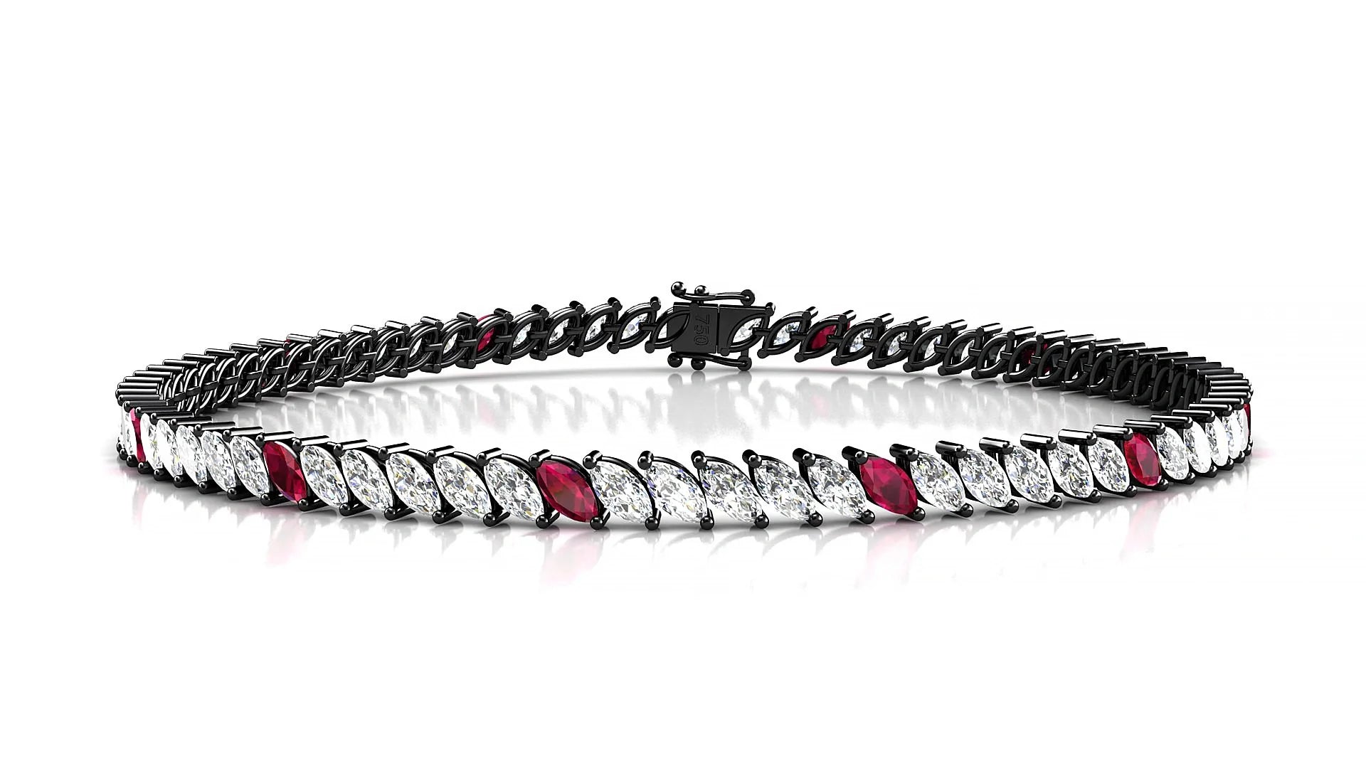 Venezia 1-5 | 18k Black Gold 4 x 2 mm Marquise Natural Ruby & Diamond 18 cm Tennis Bracelet