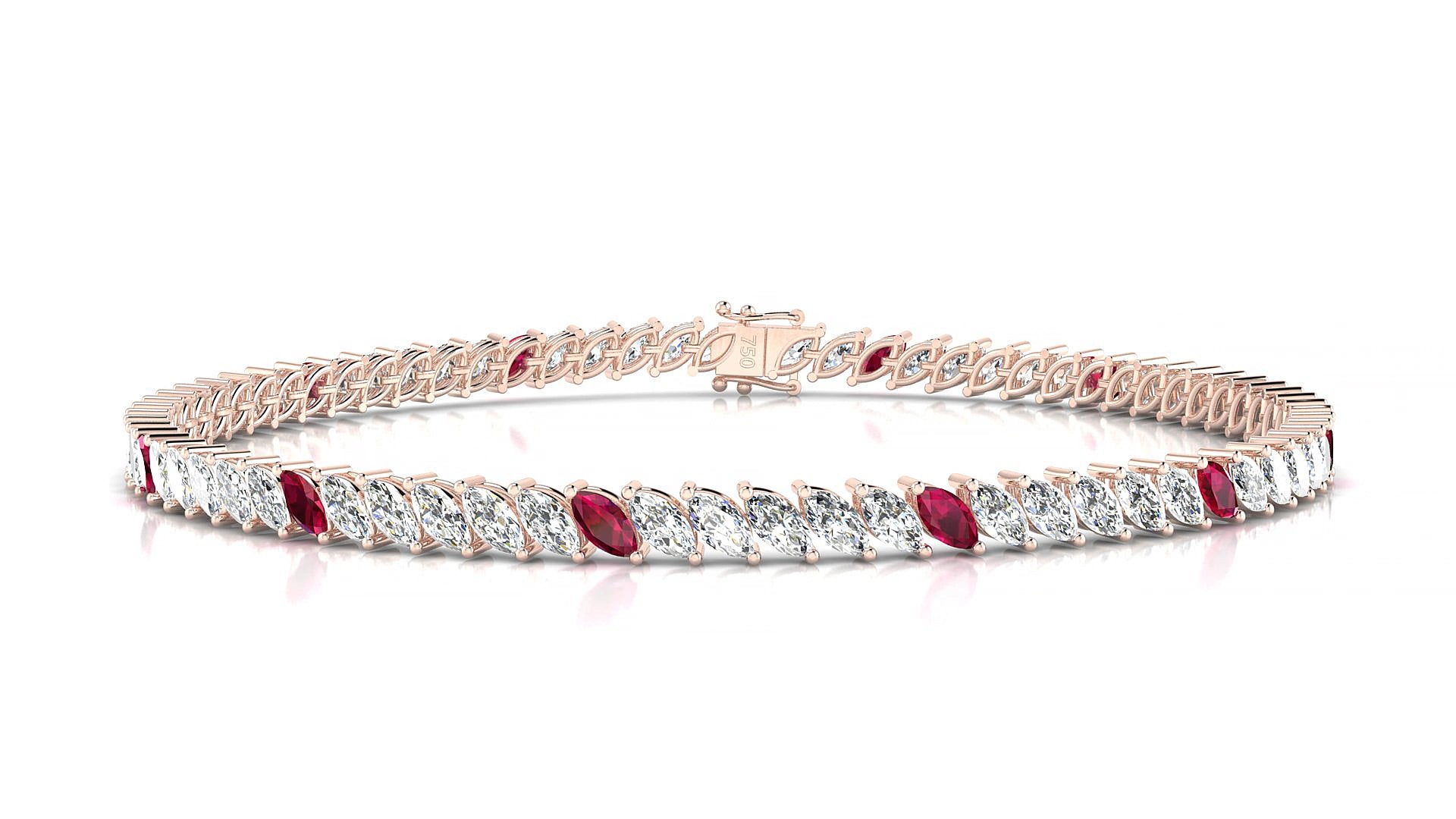 Venezia 1-5 | 18k Rose Gold 4 x 2 mm Marquise Natural Ruby & Diamond 17 cm Tennis Bracelet