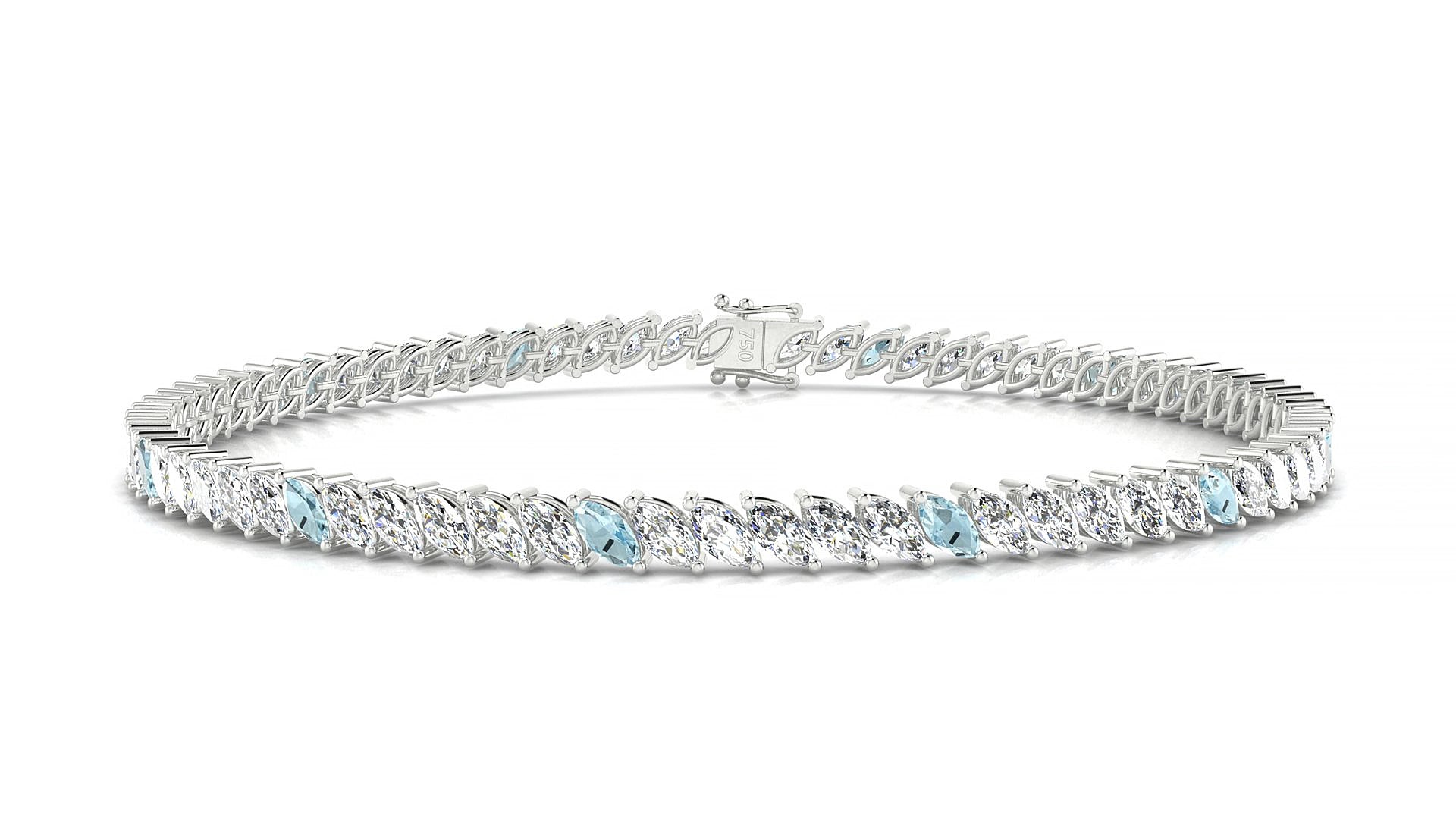 Venezia 1-5 | 18k White Gold 4 x 2 mm Marquise Natural Aquamarine & Diamond 15 cm Tennis Bracelet