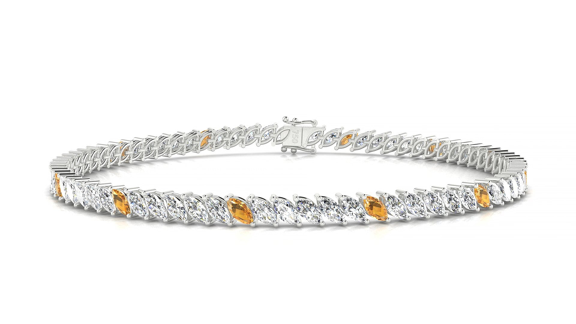 Venezia 1-5 | 18k White Gold 4 x 2 mm Marquise Natural Citrine & Diamond 15 cm Tennis Bracelet