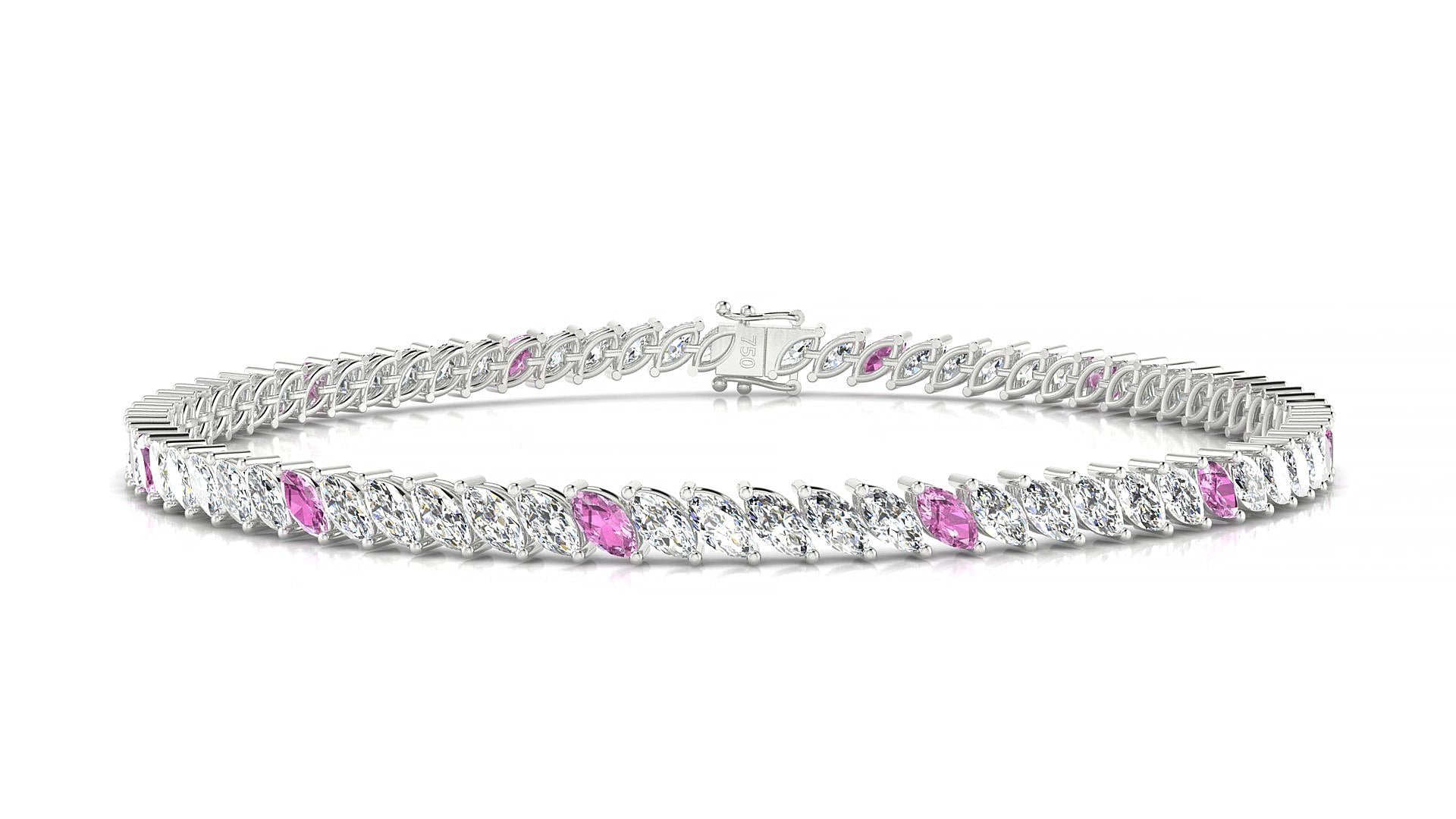 Venezia 1-5 | 18k White Gold 4 x 2 mm Marquise Natural Pink Sapphire & Diamond 20 cm Tennis Bracelet