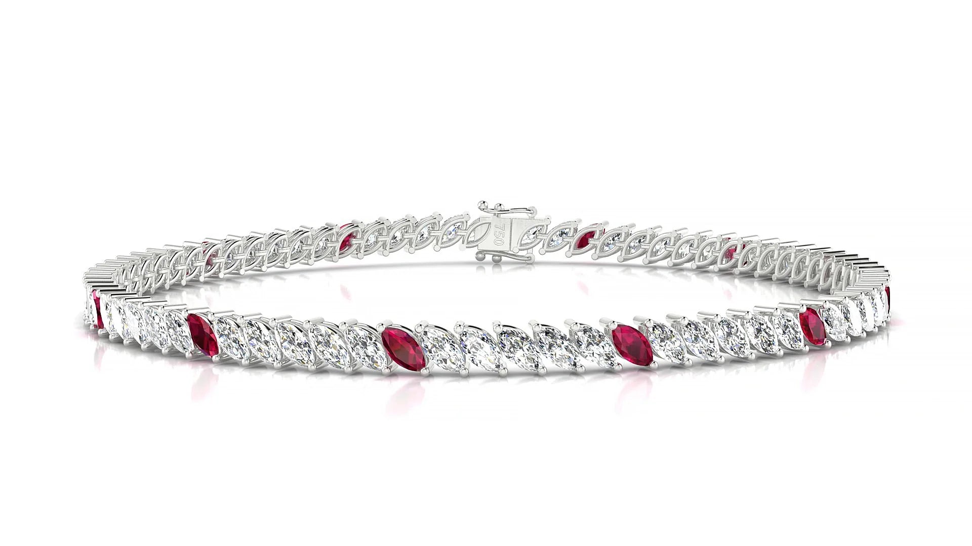 Venezia 1-5 | 18k White Gold 4 x 2 mm Marquise Natural Ruby & Diamond 18 cm Tennis Bracelet