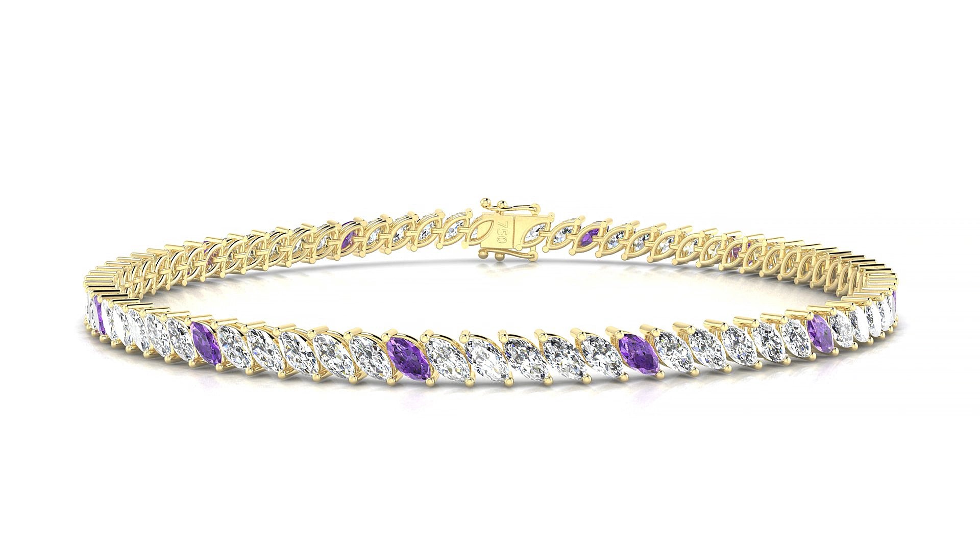 Venezia 1-5 | 18k Yellow Gold 4 x 2 mm Marquise Natural Amethyst & Diamond 18 cm Tennis Bracelet