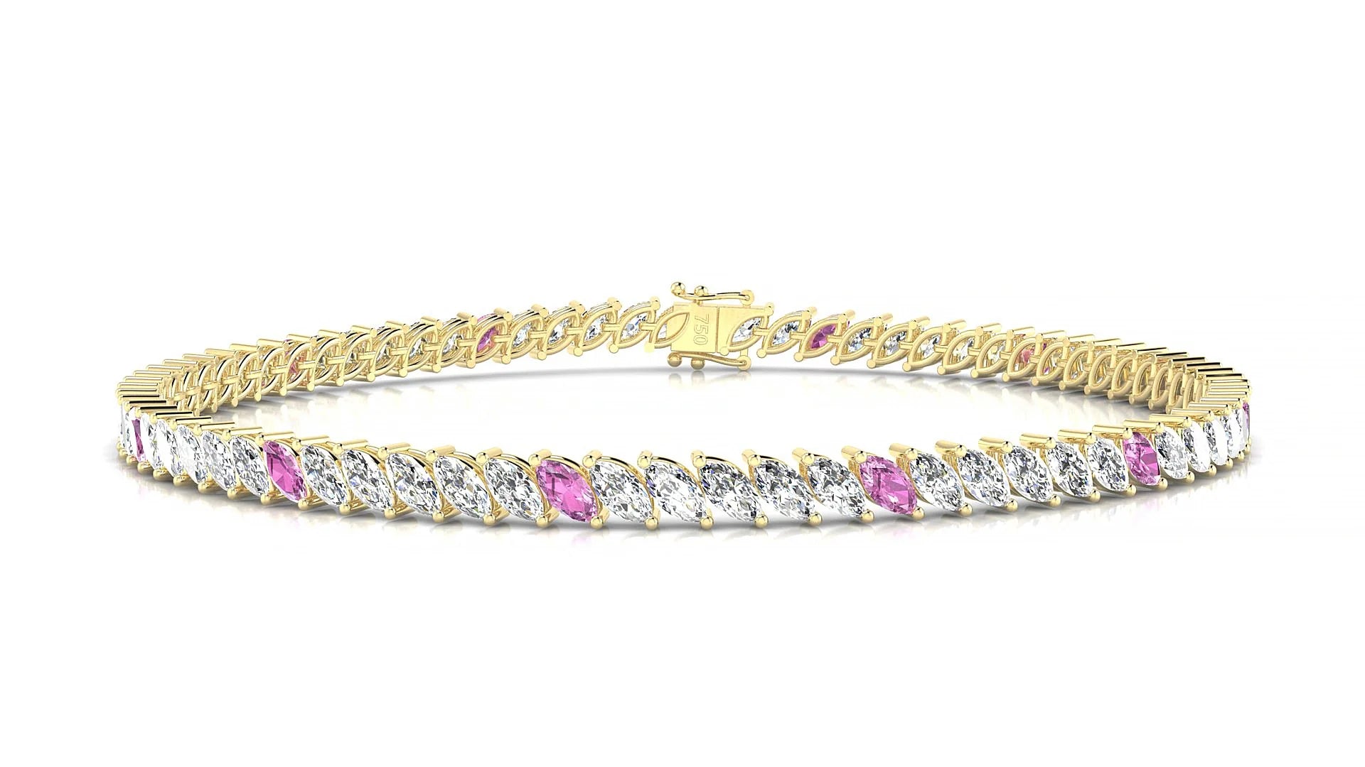 Venezia 1-5 | 18k Yellow Gold 4 x 2 mm Marquise Natural Pink Sapphire & Diamond 18 cm Tennis Bracelet