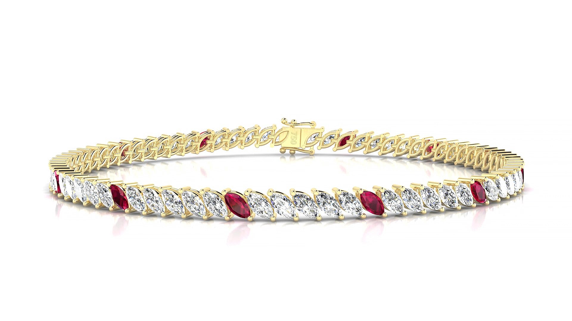 Venezia 1-5 | 18k Yellow Gold 4 x 2 mm Marquise Natural Ruby & Diamond 16 cm Tennis Bracelet