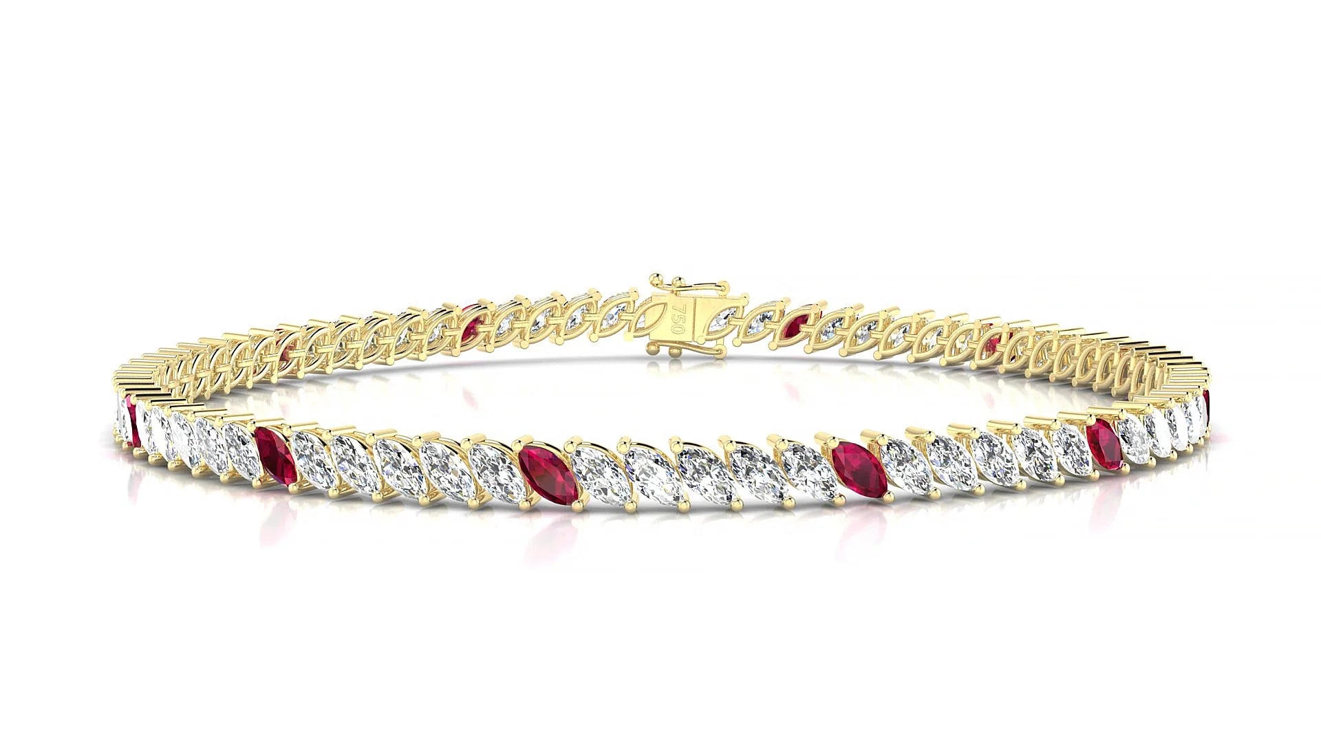Venezia 1-5 | 18k Yellow Gold 4 x 2 mm Marquise Natural Ruby & Diamond 18 cm Tennis Bracelet