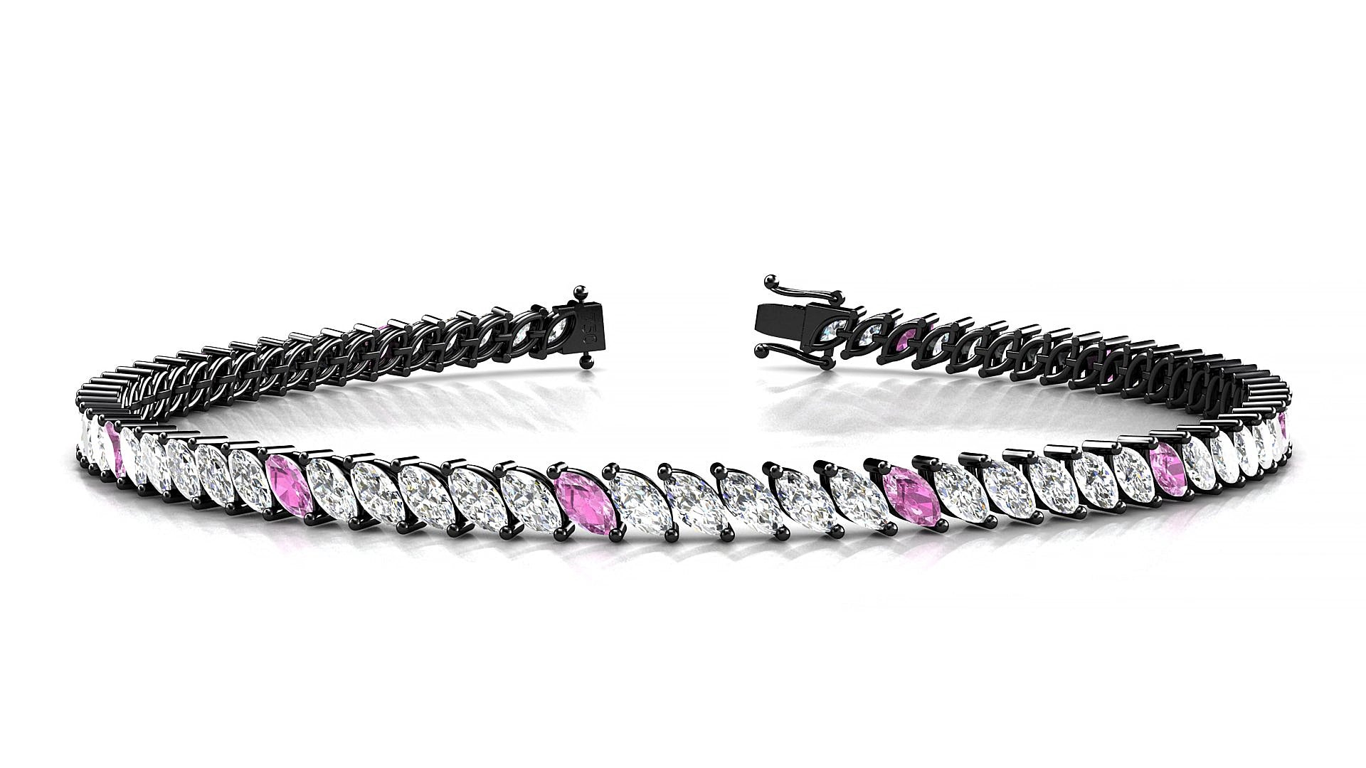 Venezia 1-5 | 18k Black Gold 4 x 2 mm Marquise Natural Pink Sapphire & Diamond 15 cm Tennis Bracelet