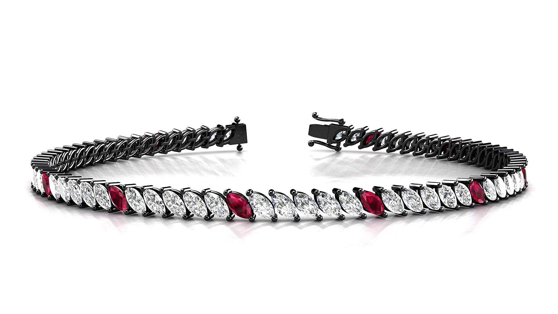 Venezia 1-5 | 18k Black Gold 4 x 2 mm Marquise Natural Ruby & Diamond 17 cm Tennis Bracelet
