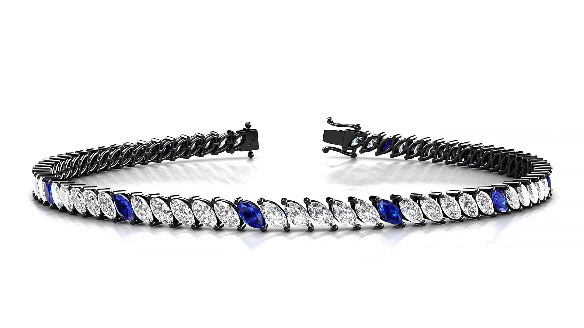 Venezia 1-5 | 18k Black Gold 4 x 2 mm Marquise Natural Sapphire & Diamond 15 cm Tennis Bracelet