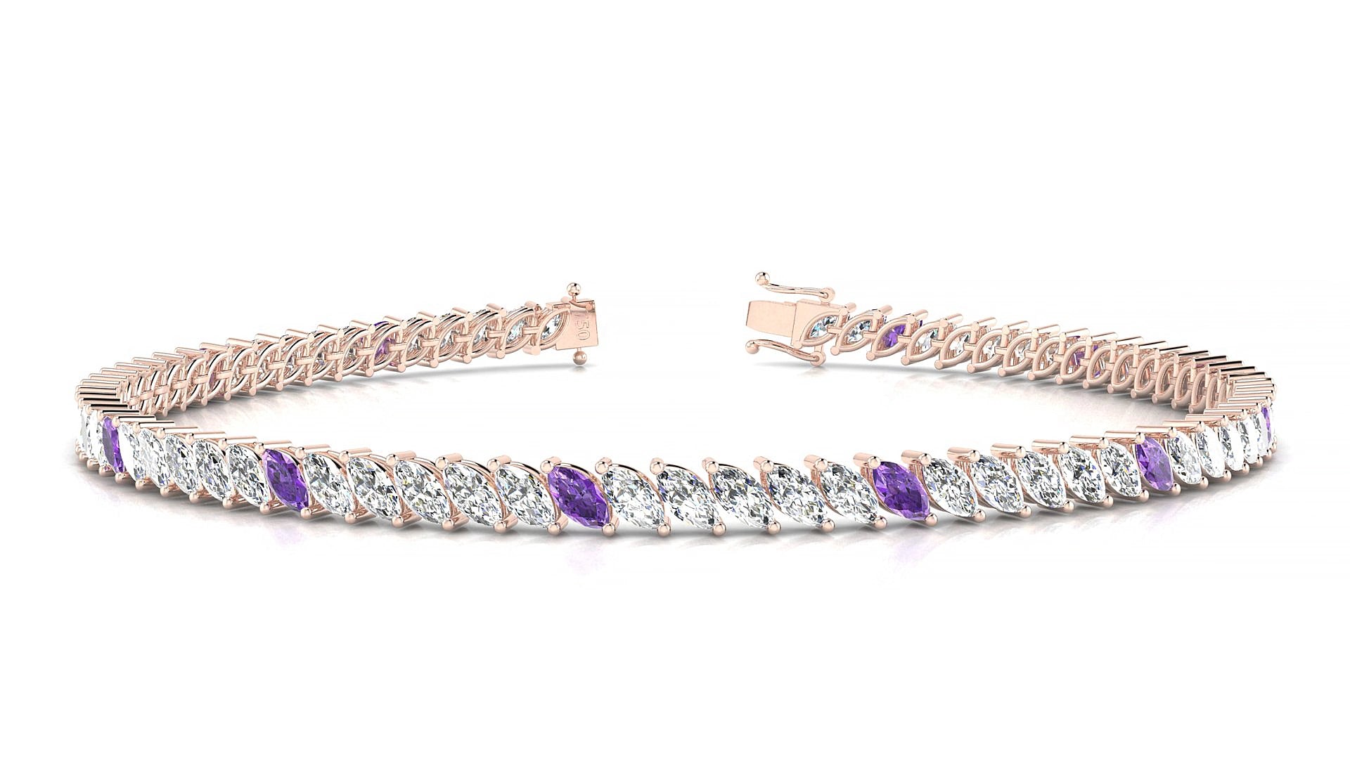 Venezia 1-5 | 18k Rose Gold 4 x 2 mm Marquise Natural Amethyst & Diamond 17 cm Tennis Bracelet
