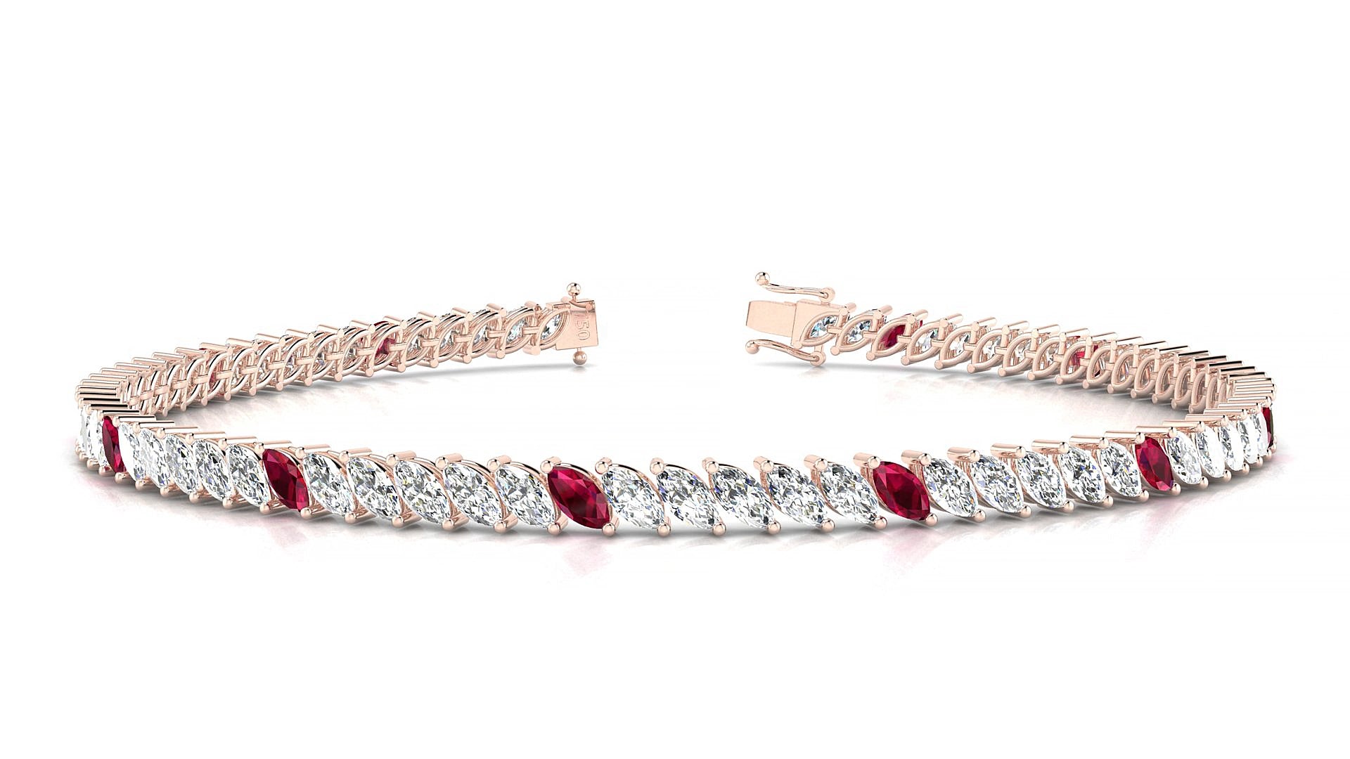 Venezia 1-5 | 18k Rose Gold 4 x 2 mm Marquise Natural Ruby & Diamond 19 cm Tennis Bracelet